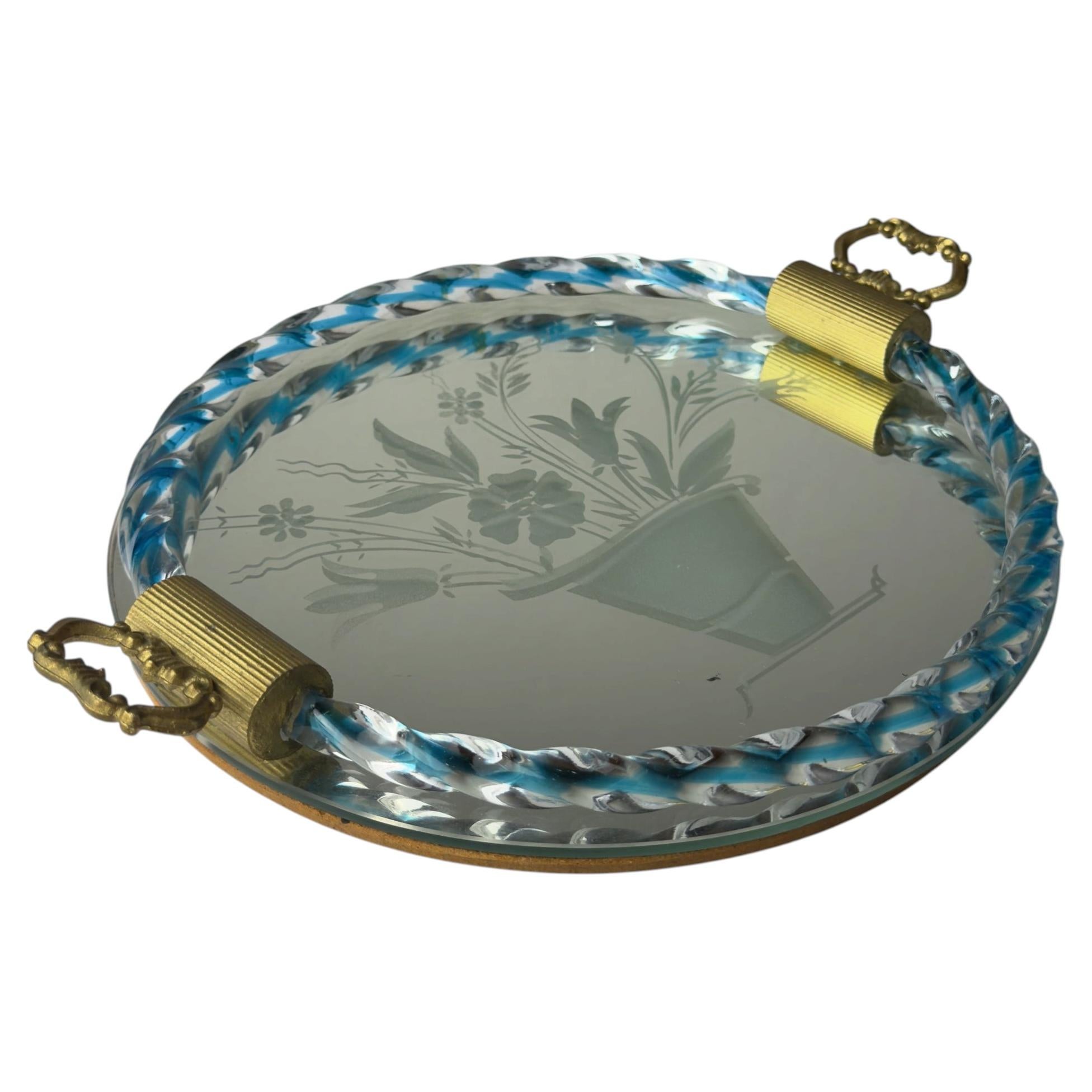 Vintage Venetian glass Round Mirror Tray, Italy 1950s