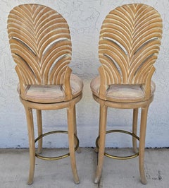 Vintage Venetian Grotto Style Carved Wood Palm Leaf Barstools Set of 2