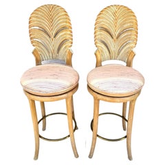 Vintage Venetian Grotto Style Carved Wood Palm Leaf Barstools Set of 2