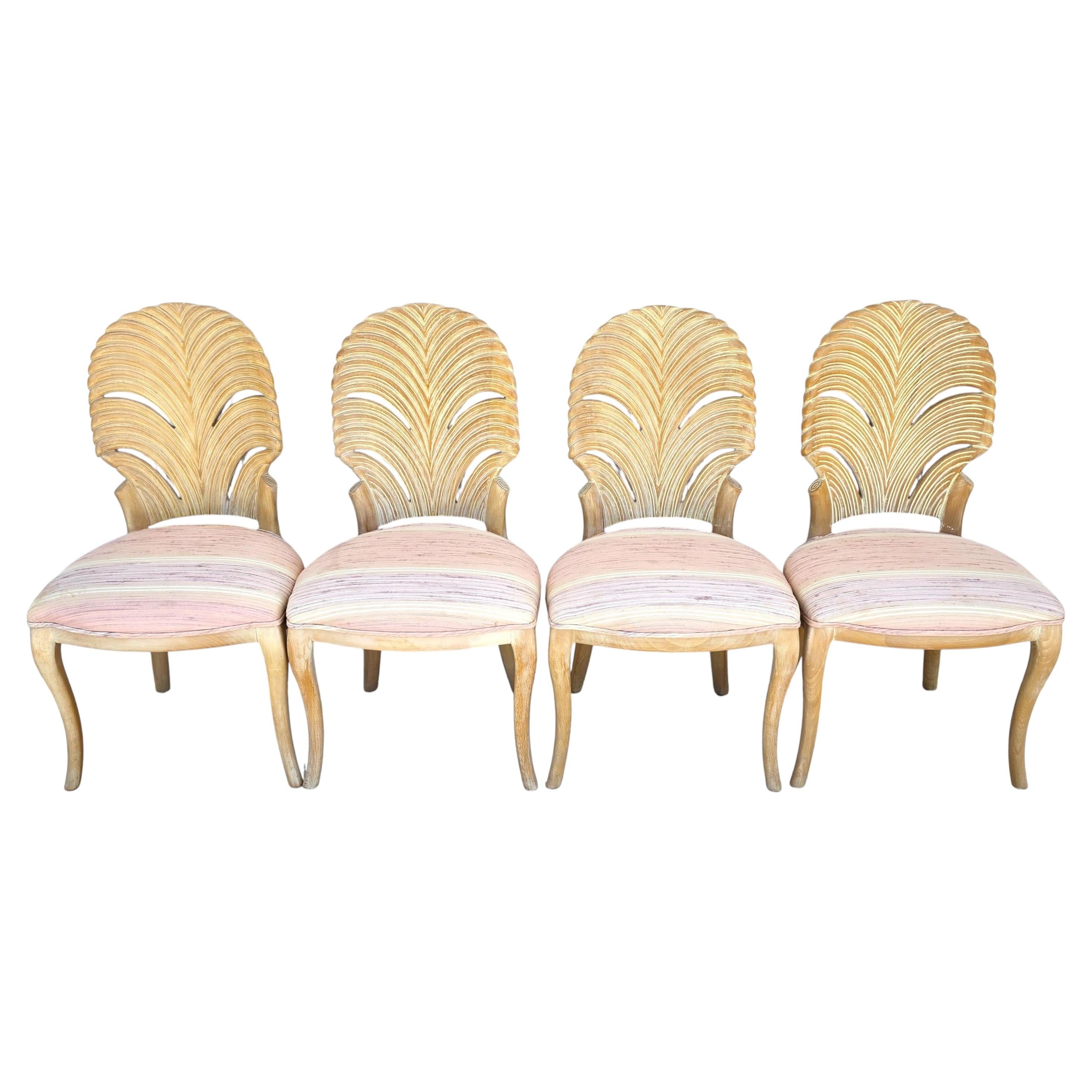 Vintage Venetian Grotto Style Carved Wood Palm Leaf Dining Chairs Set of 4