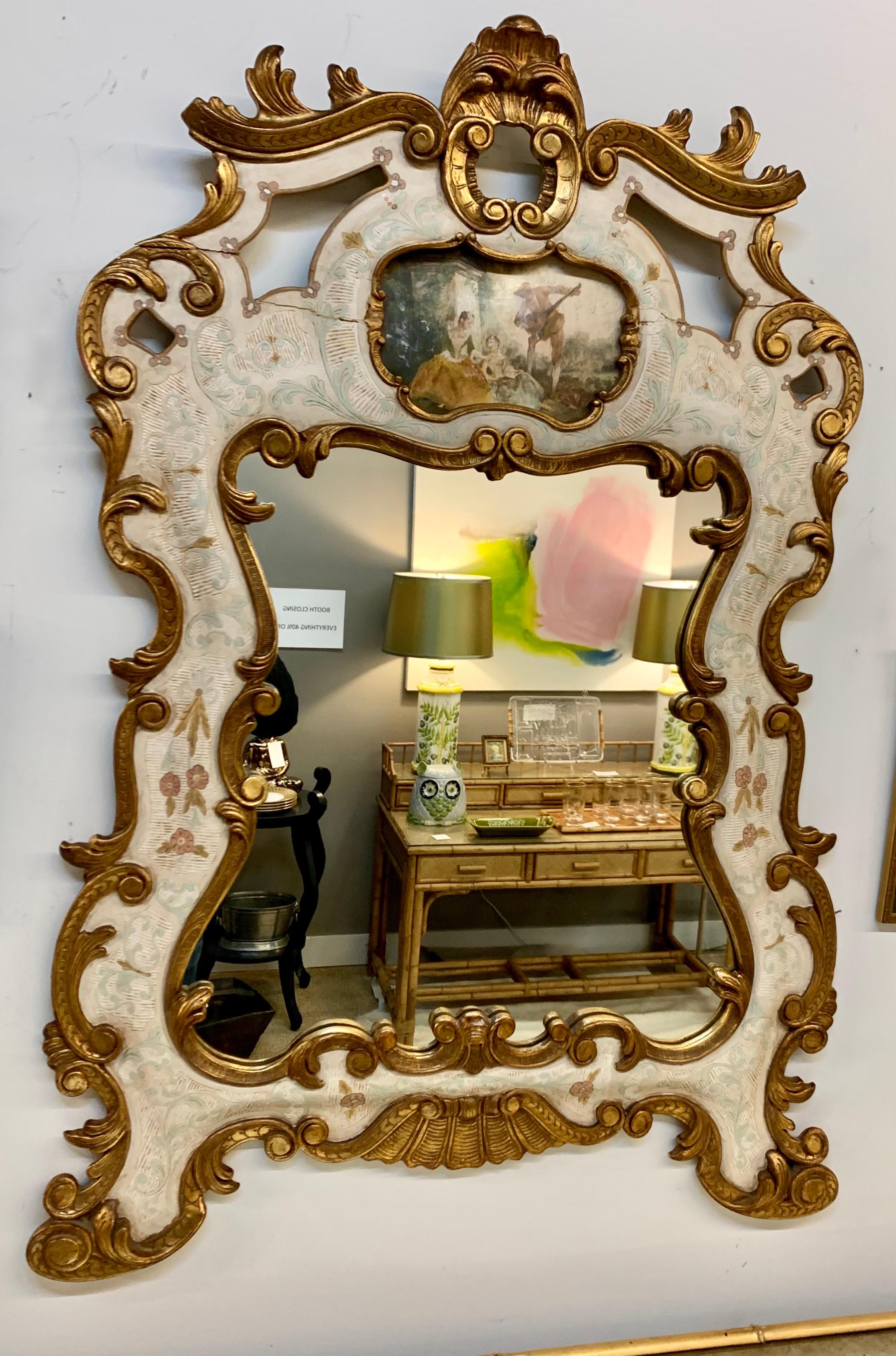 Vintage Venetian Hand Painted Trumeau Gilt Decorated Wall Mirror 7
