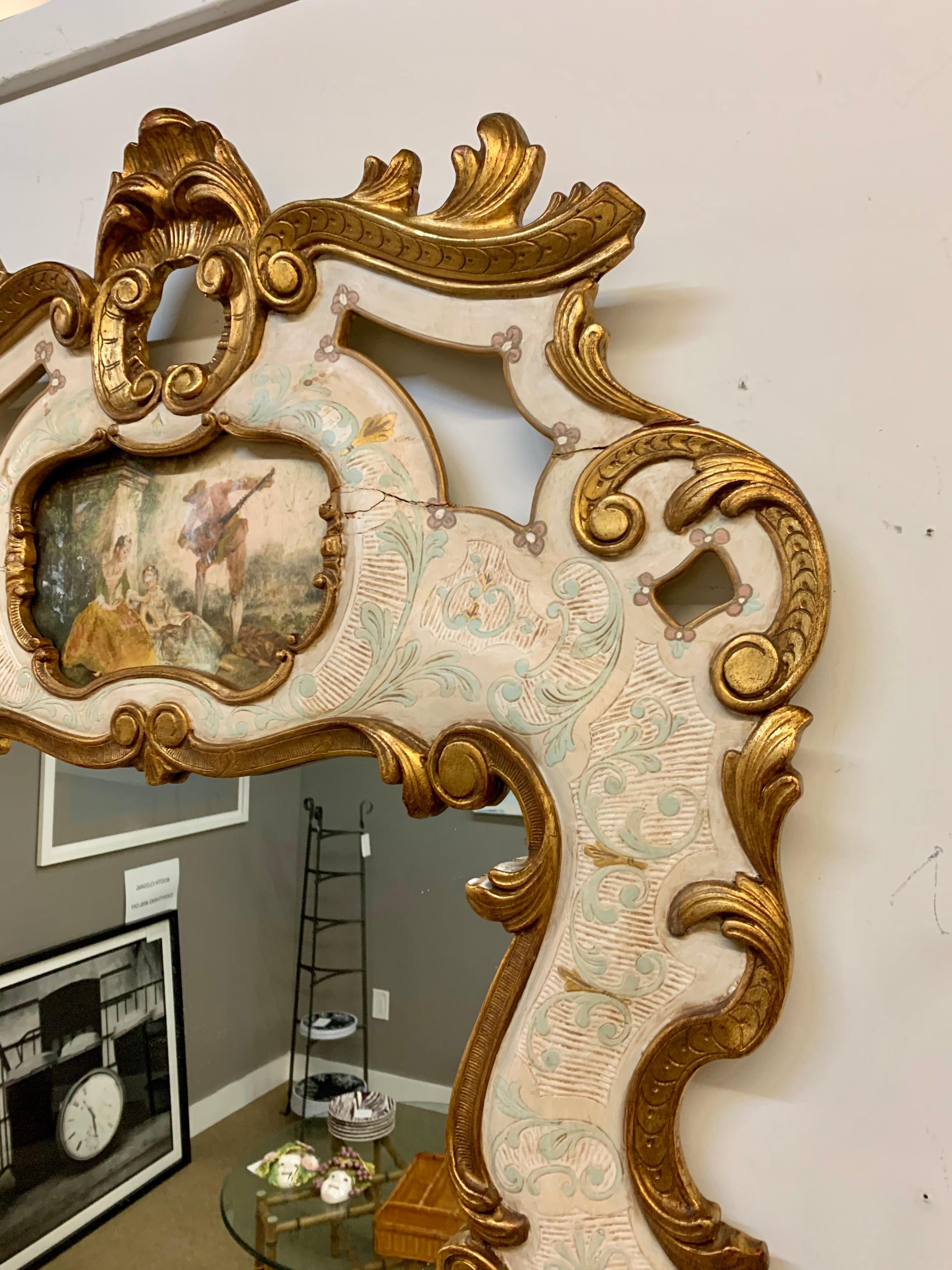 Vintage Venetian Hand Painted Trumeau Gilt Decorated Wall Mirror In Fair Condition In West Hartford, CT