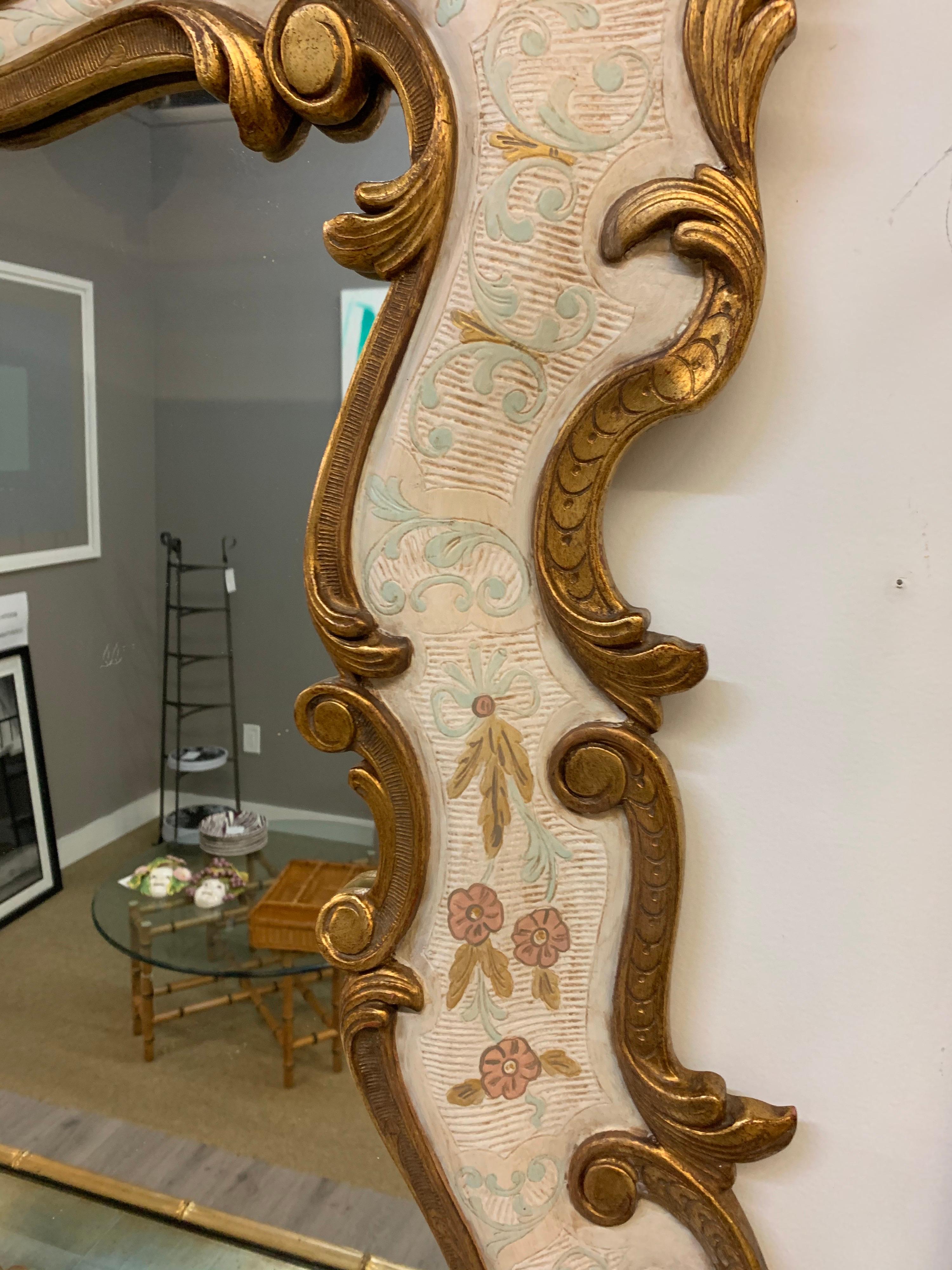20th Century Vintage Venetian Hand Painted Trumeau Gilt Decorated Wall Mirror