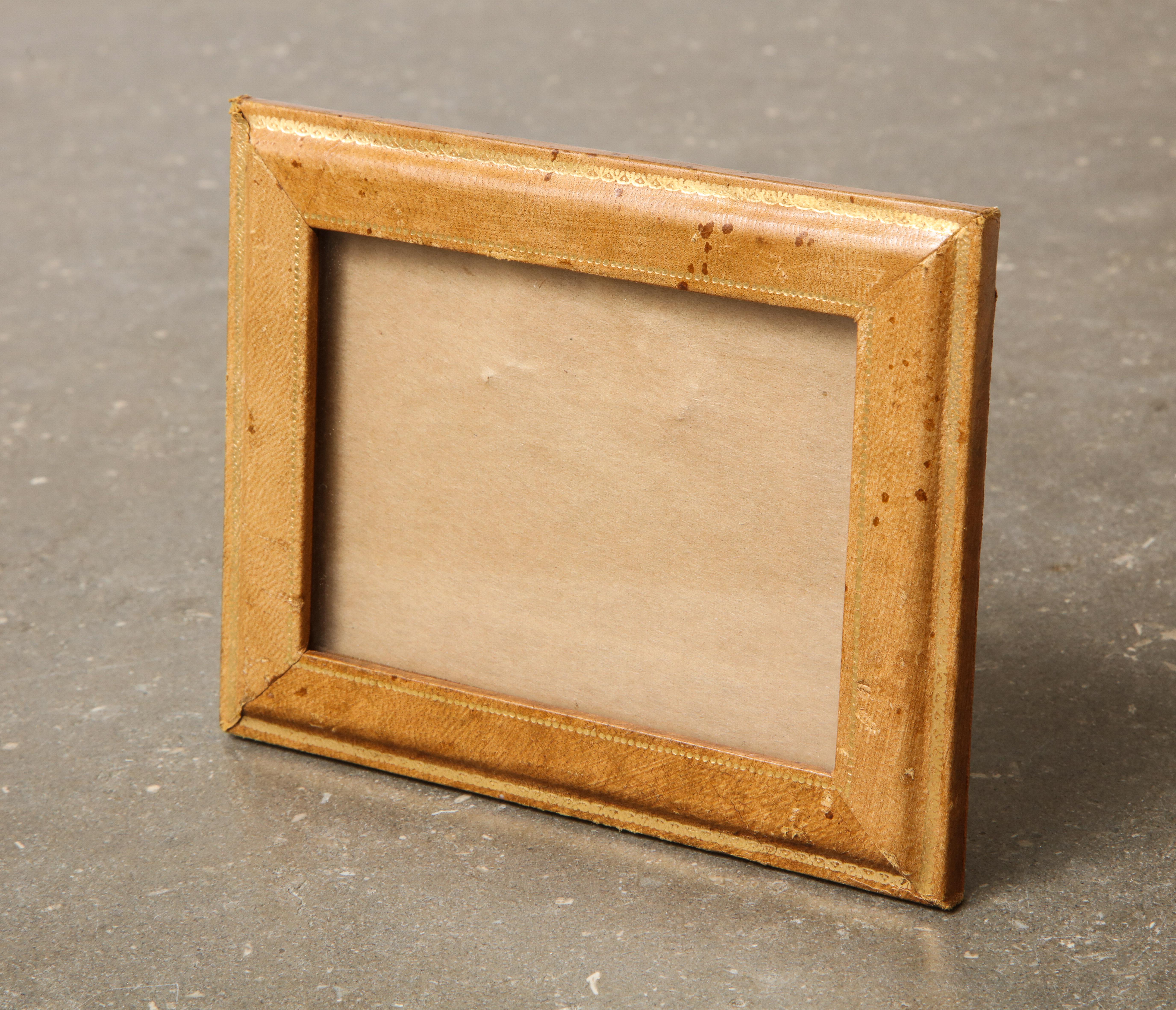 1960s Venetian hand-tooled leather picture frame. Depth with foot out = 2