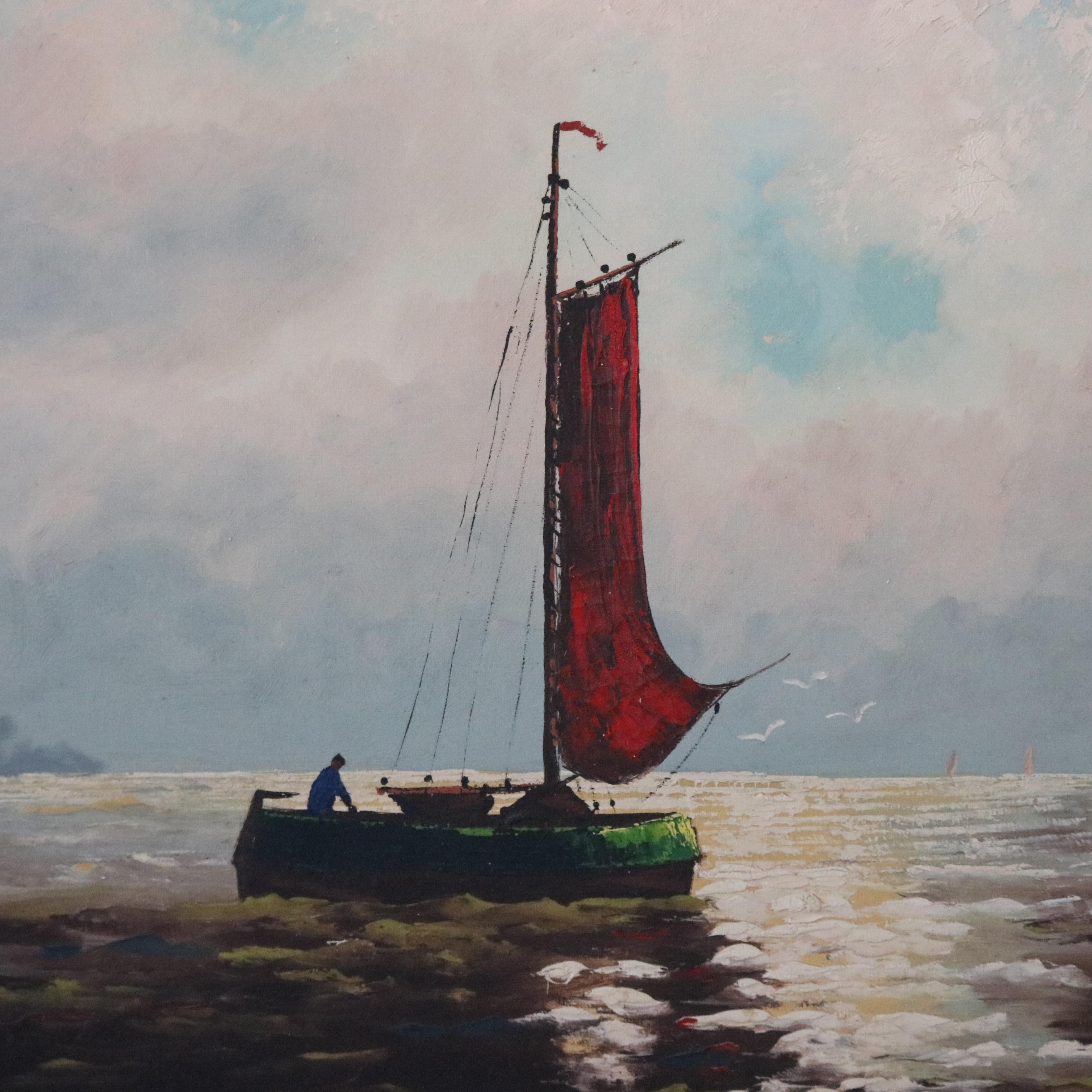 A vintage Venetian oil on canvas seascape depicts sailboat with a figure on the harbor with seagulls, Artist-signed illegible lower right, unframed, 20th century 

Measures: 24