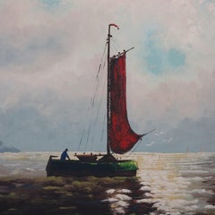 Vintage Venetian Harbor Scene Oil on Canvas Painting, 20th Century