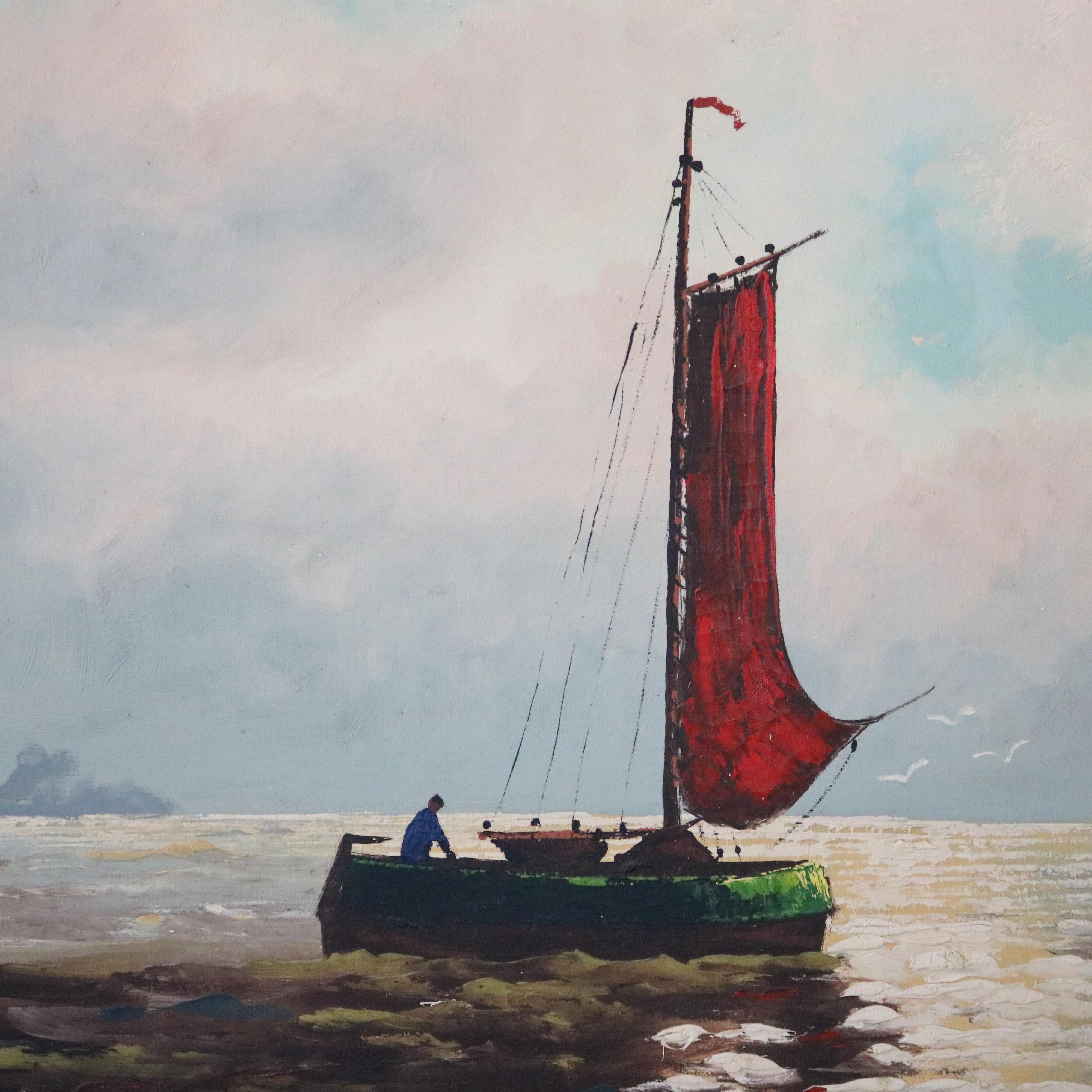 Dipinto a mano Pittura d'epoca veneziana su tela con scena di porto, 20° secolo in vendita