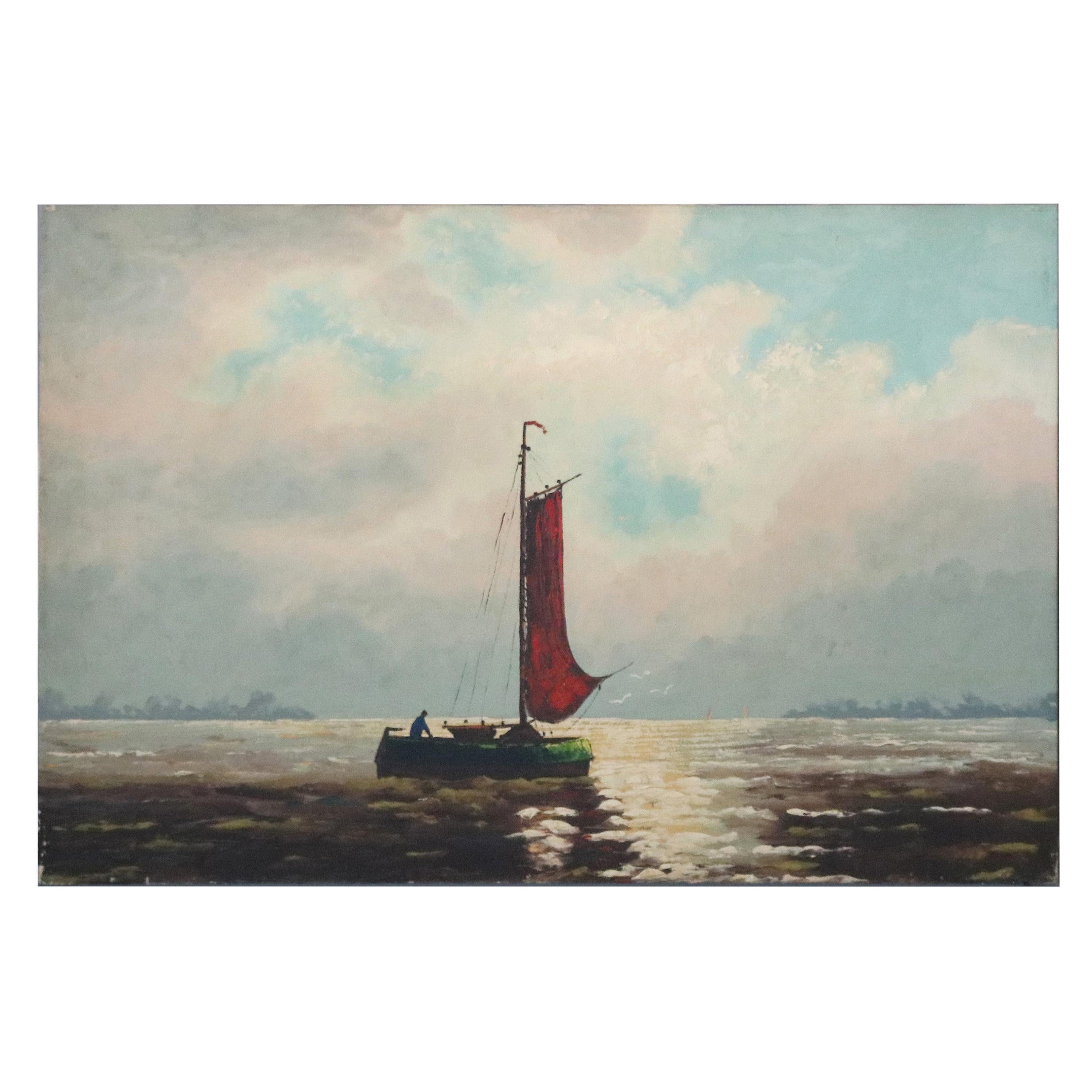 Vintage Escena portuaria veneciana Pintura al óleo sobre lienzo, Siglo XX