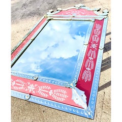 Vintage Venetian Hit Pink Etched Glass Wall Mirror
