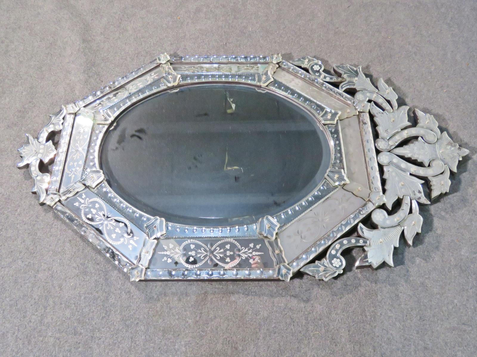 Vintage Venetian Italian Ecthed Glass Wall Mirror Circa 1950s  2