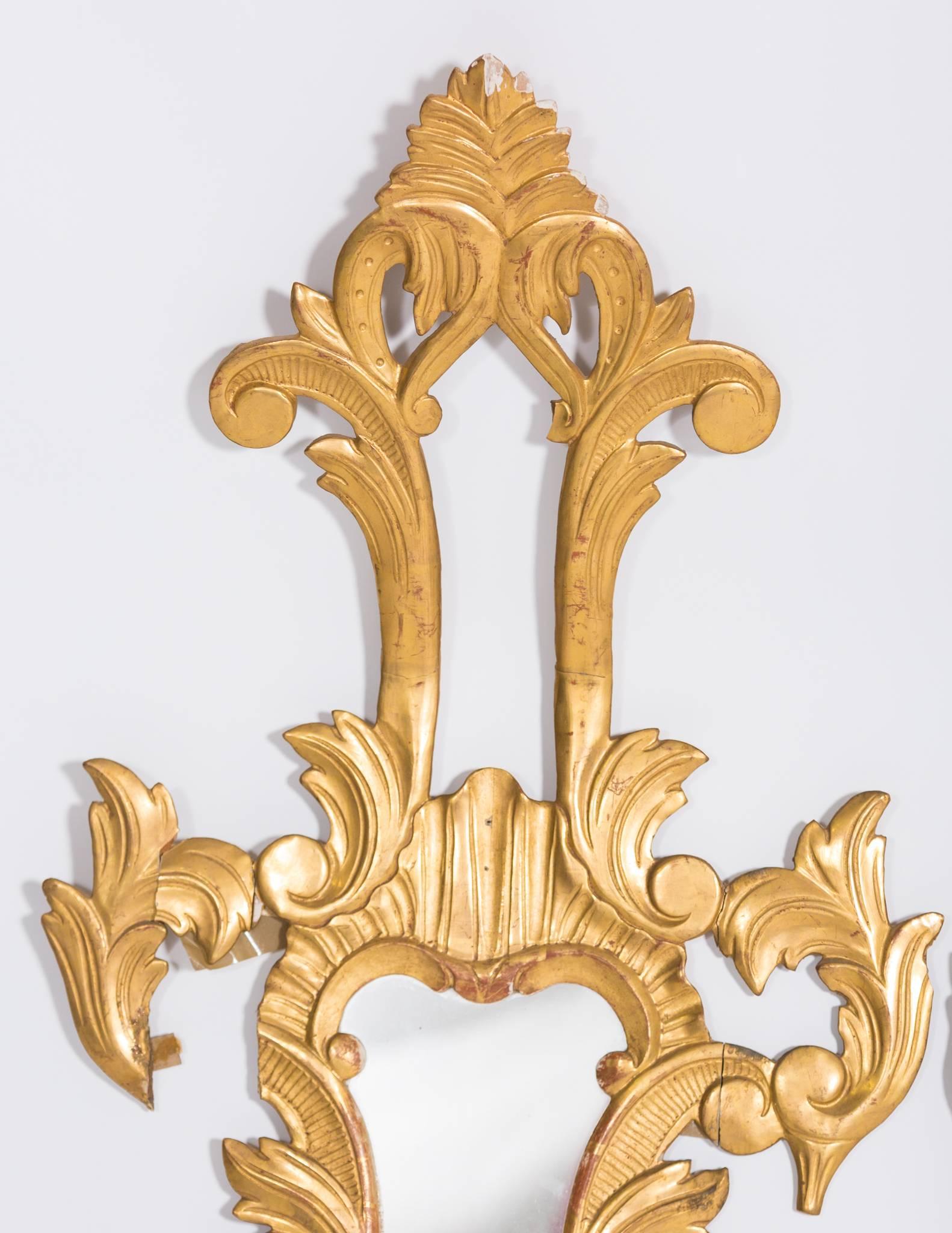 Pair of beautifully gilded Italian mirrors. Has scattered losses in wood and gilding. Scale is grand.

Measures: Approximately 0.5 D x 19 W x 36 W individually.
