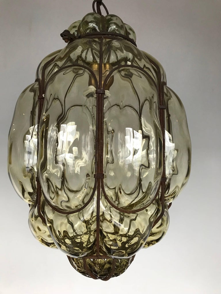 Vintage Mouth Blown Glass in Metal Frame Pendant Light