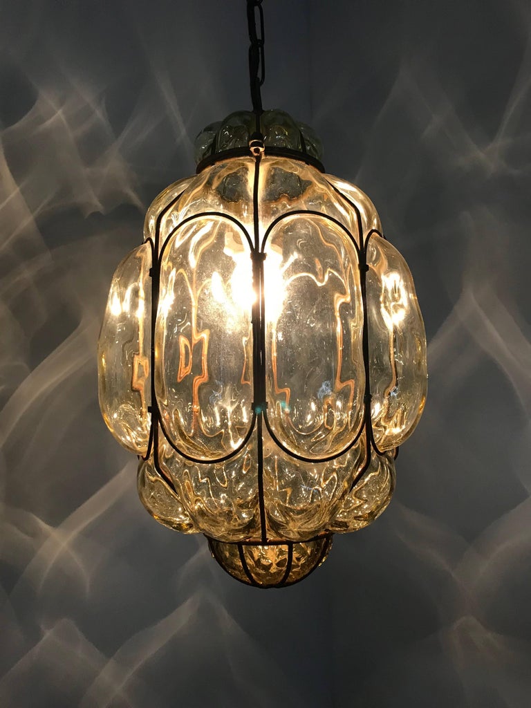 Vintage Mouth Blown Glass in Metal Frame Pendant Light