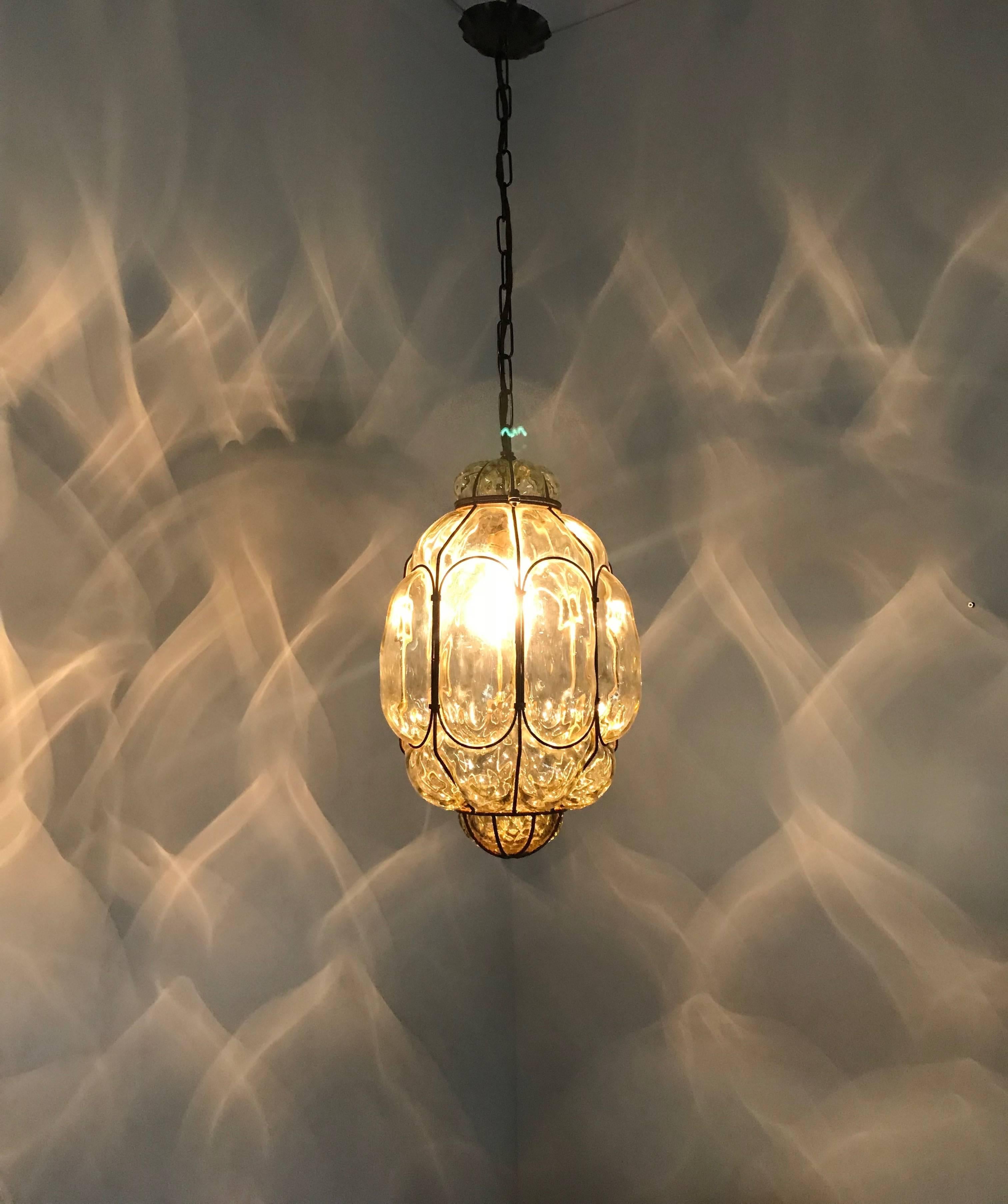 Vintage Venetian Mouth Blown Glass in Metal Frame Pendant Light / Fixture 11
