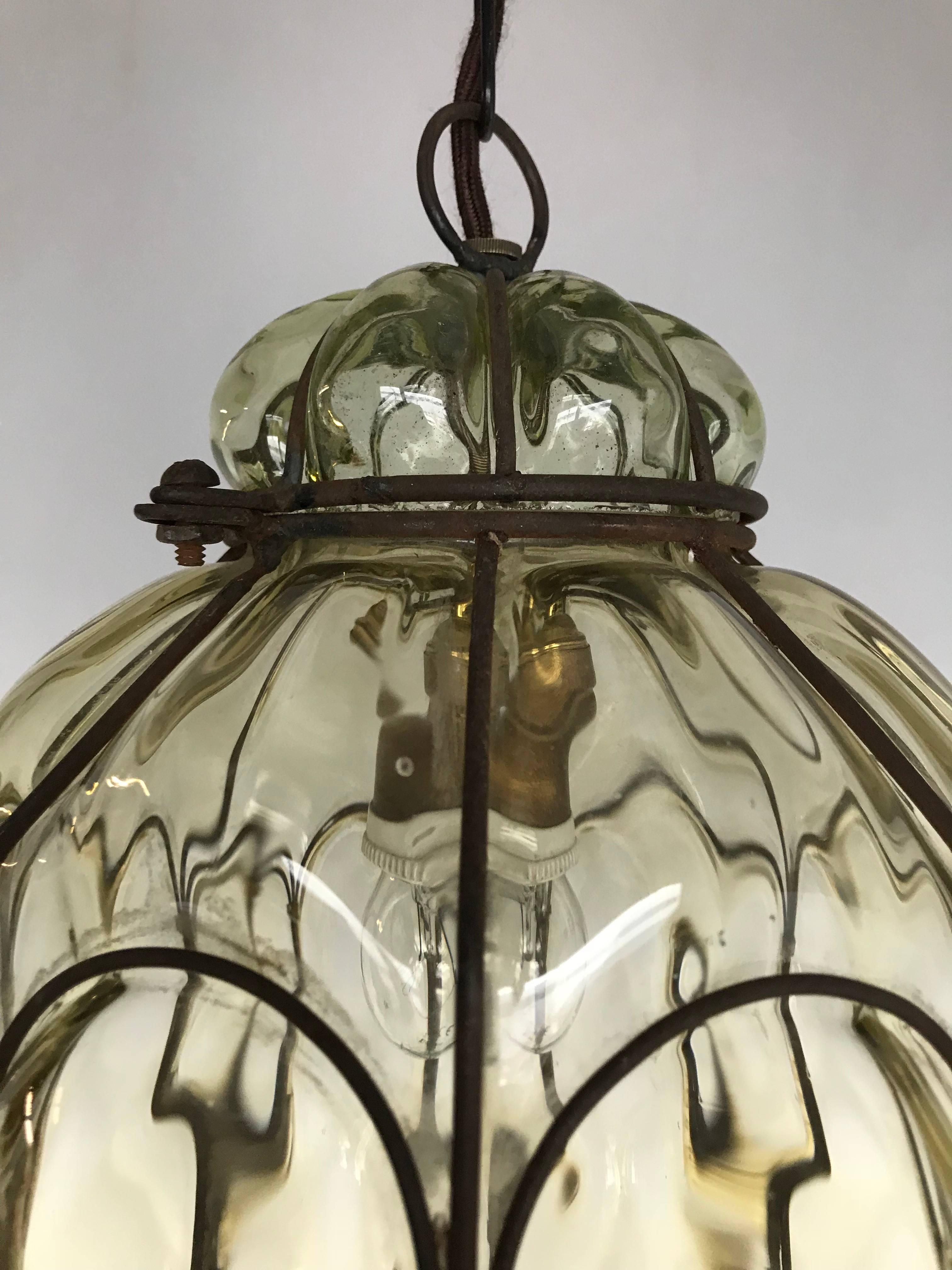 Hand-Crafted Vintage Venetian Mouth Blown Glass in Metal Frame Pendant Light / Fixture