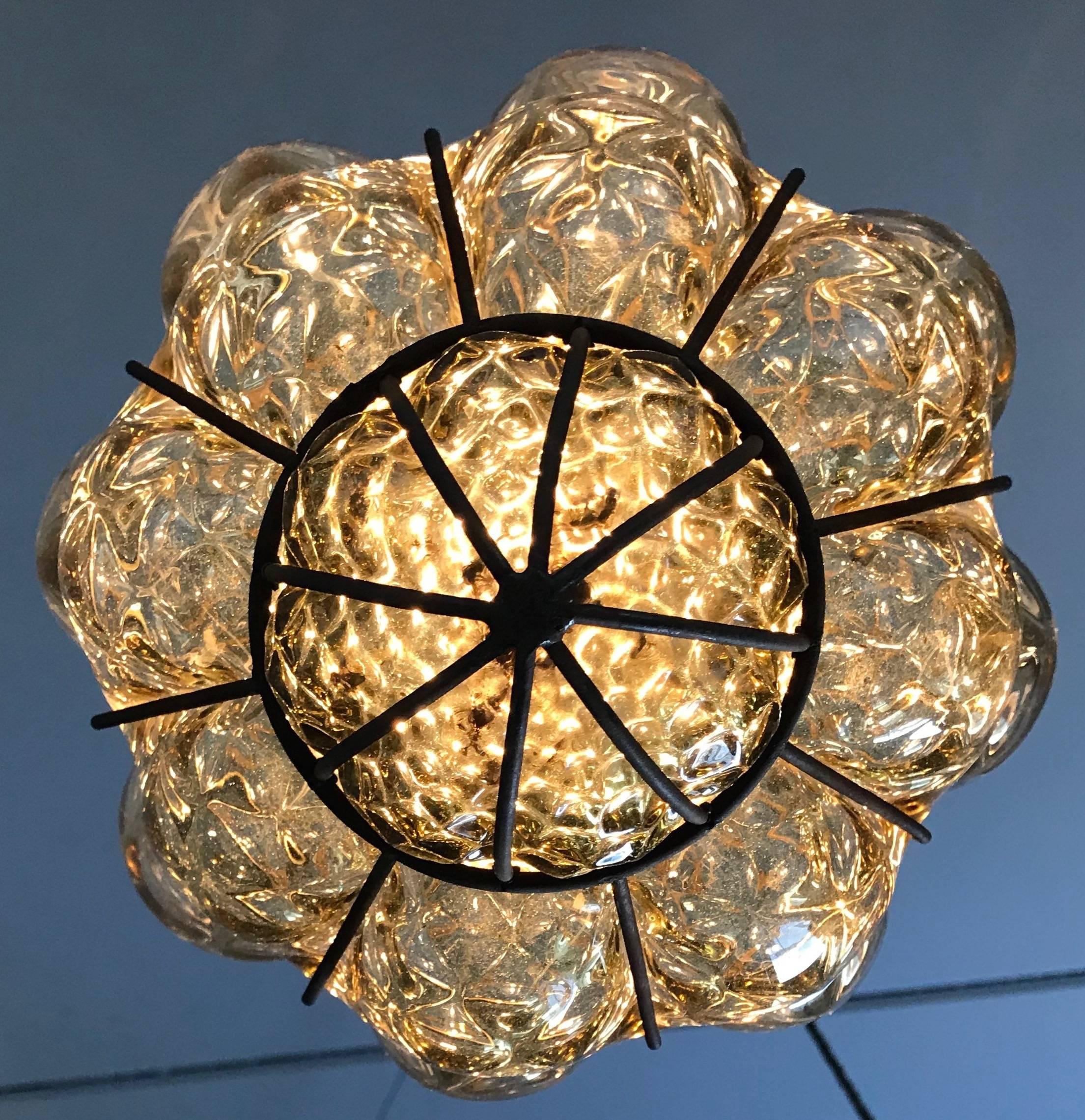20th Century Vintage Venetian Mouth Blown Glass in Metal Frame Pendant Light / Fixture