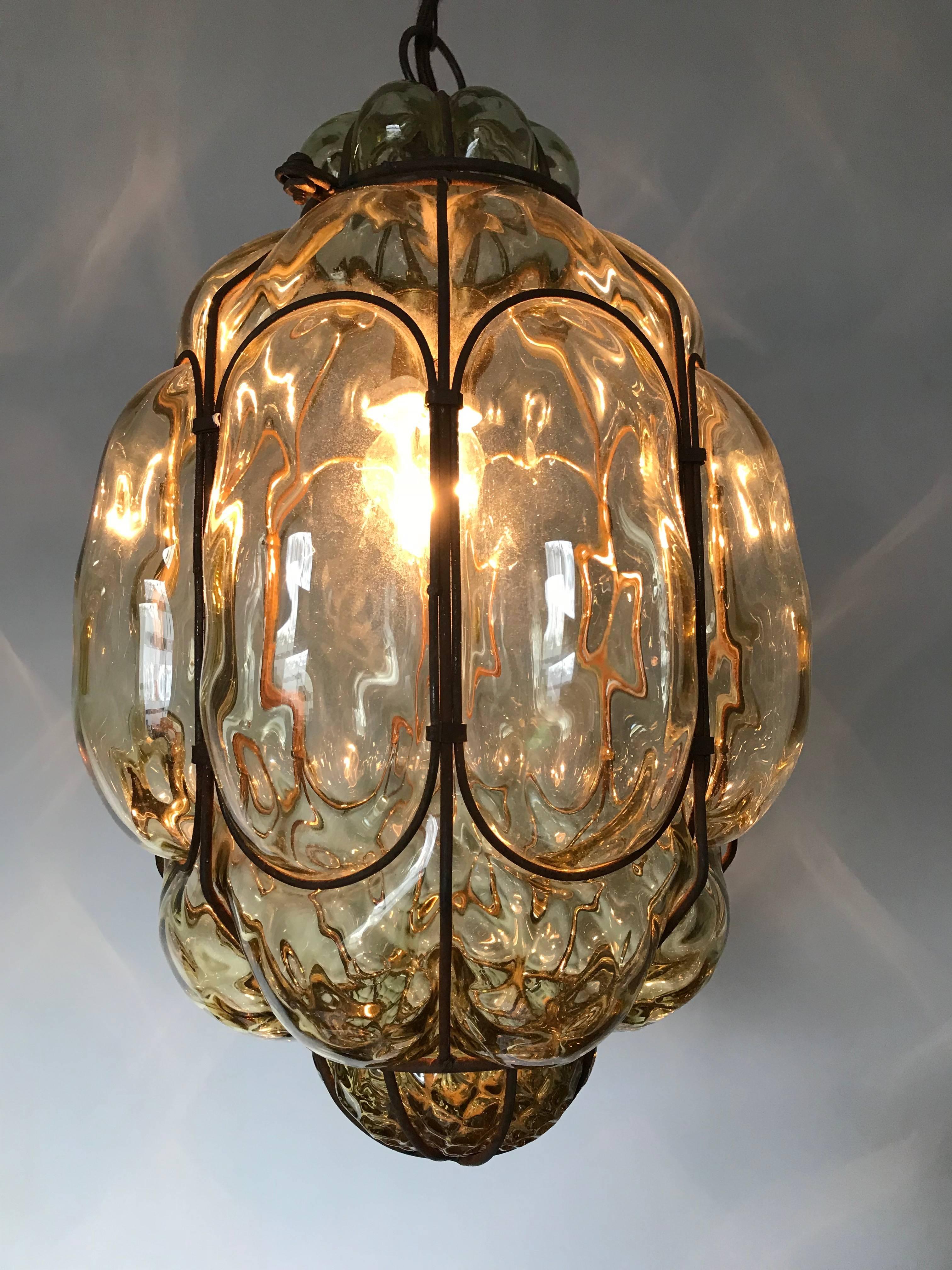 Vintage Venetian Mouth Blown Glass in Metal Frame Pendant Light / Fixture 1