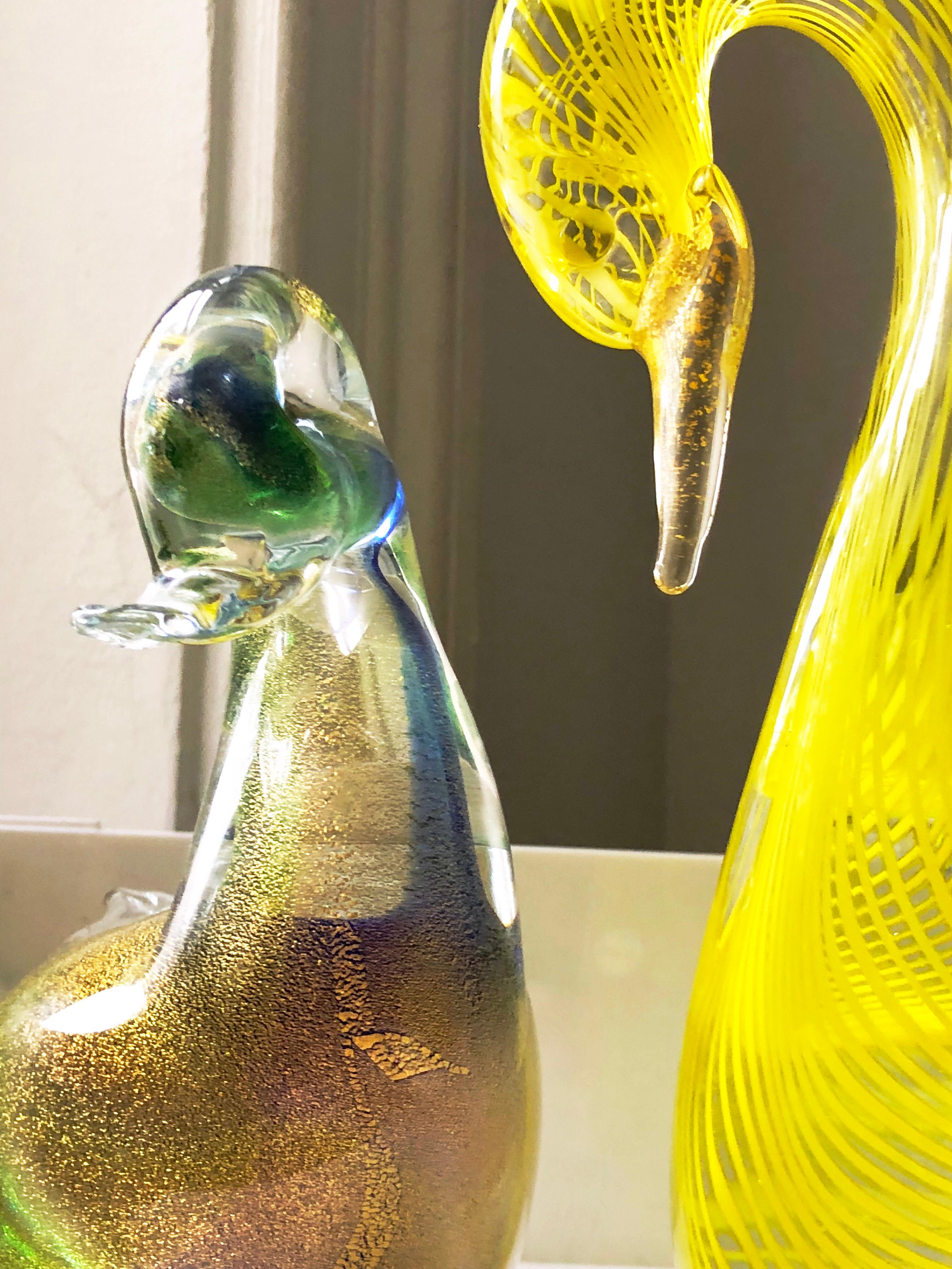 Mid-Century Modern Vintage Venetian Murano Art Glass Vistosi Yellow Blue Green Gold Bird Pair