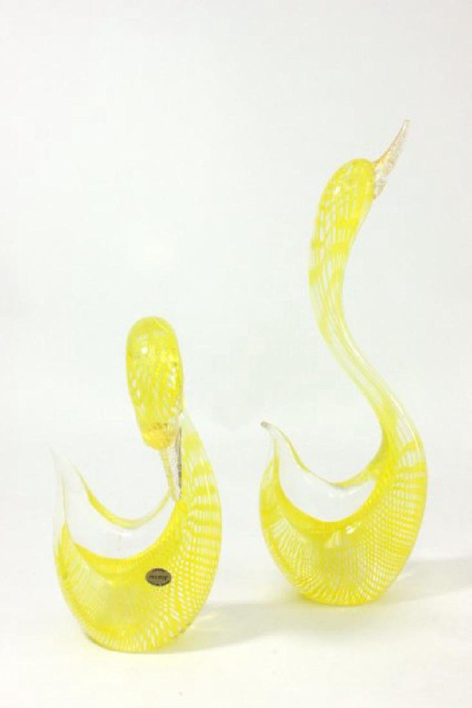 Mid-Century Modern Vintage Venetian Murano Art Glass Vistosi Yellow Glass Swan Pair, Label, Blown