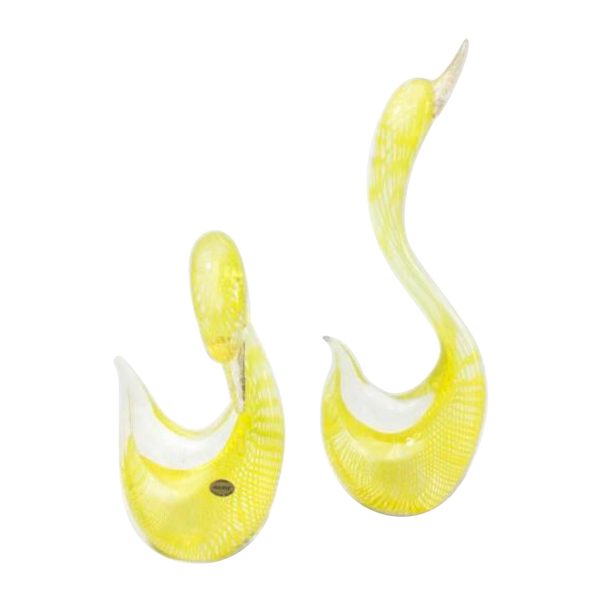 Vintage Venetian Murano Art Glass Vistosi Yellow Glass Swan Pair, Label, Blown