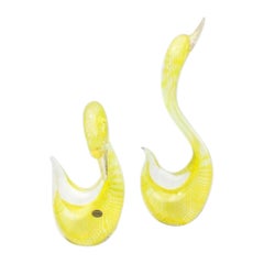 Vintage Venetian Murano Art Glass Vistosi Yellow Glass Swan Pair, Label, Blown