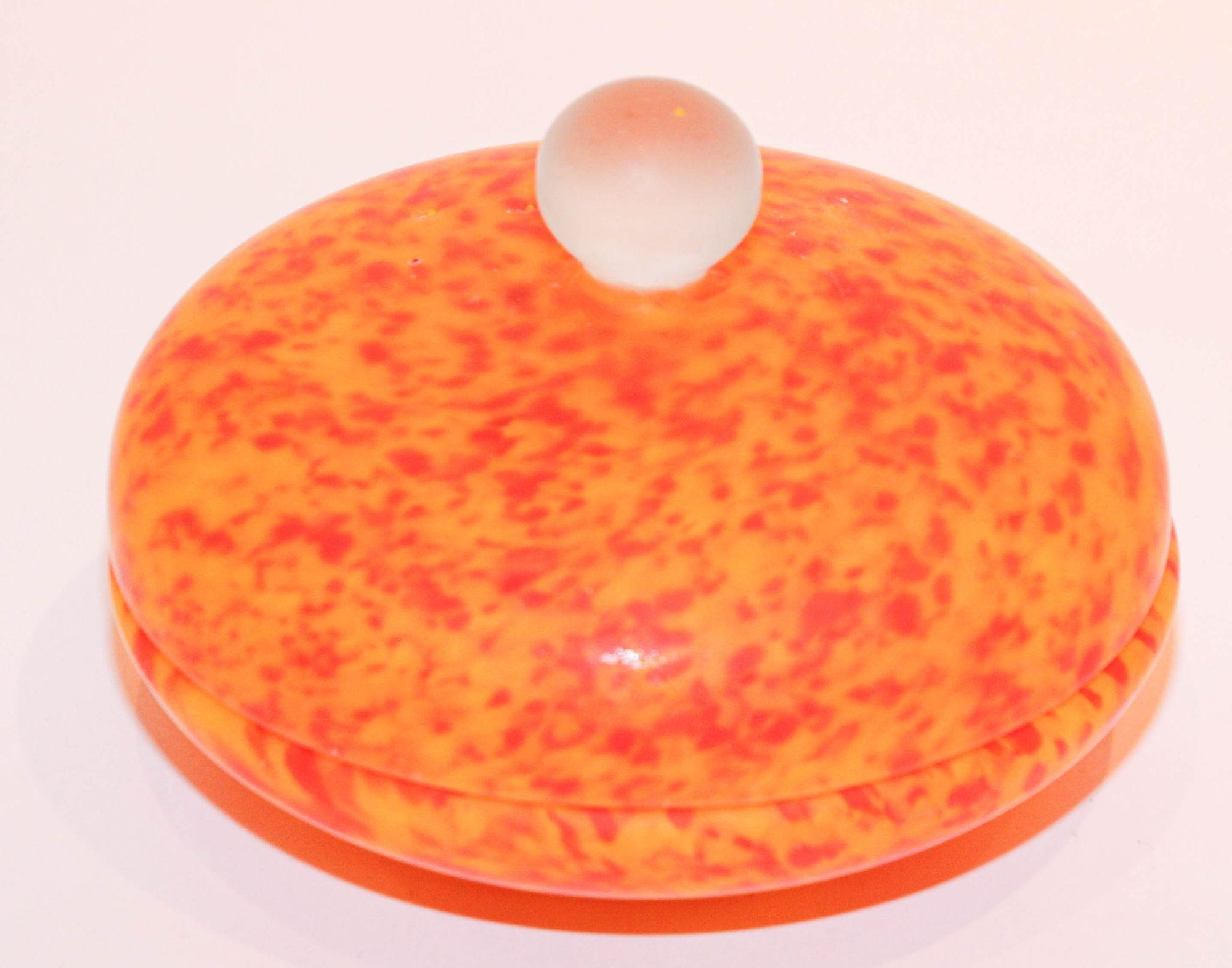 Vintage Venetian Murano Bright Orange Italian Art Glass Covered Bowl For Sale 5