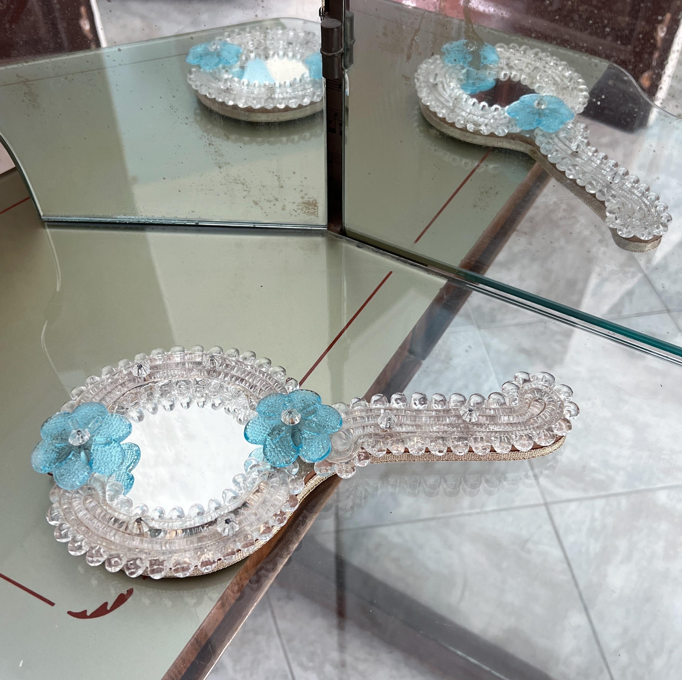 Vintage Venetian Murano glass hand mirror or wall In Good Condition For Sale In Palermo, PA