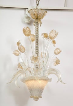 Vintage Venetian Murano Gold and Clear Glass Floral Bouquet Chandelier