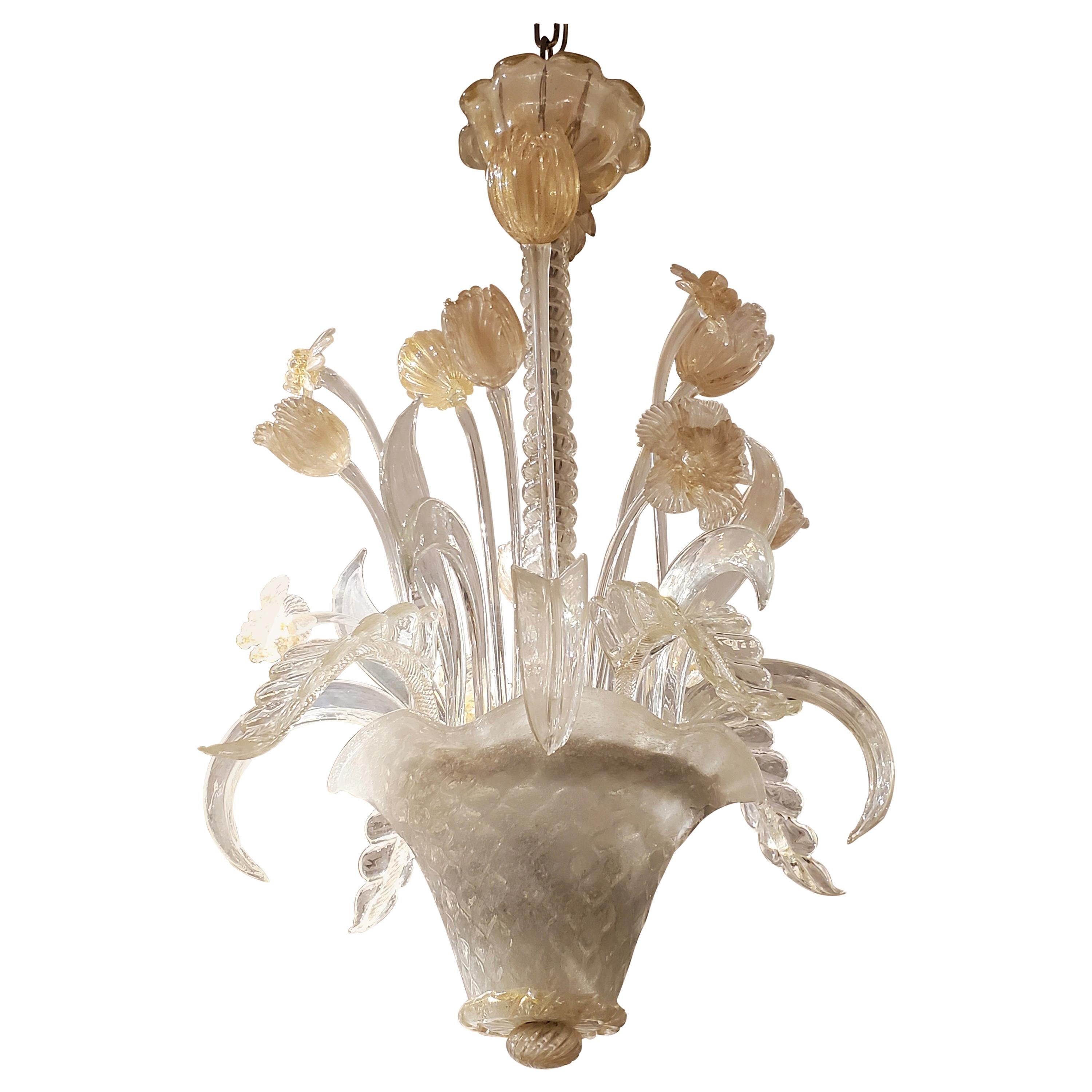 Vintage Venetian Murano Gold and Clear Glass Floral Bouquet Chandelier