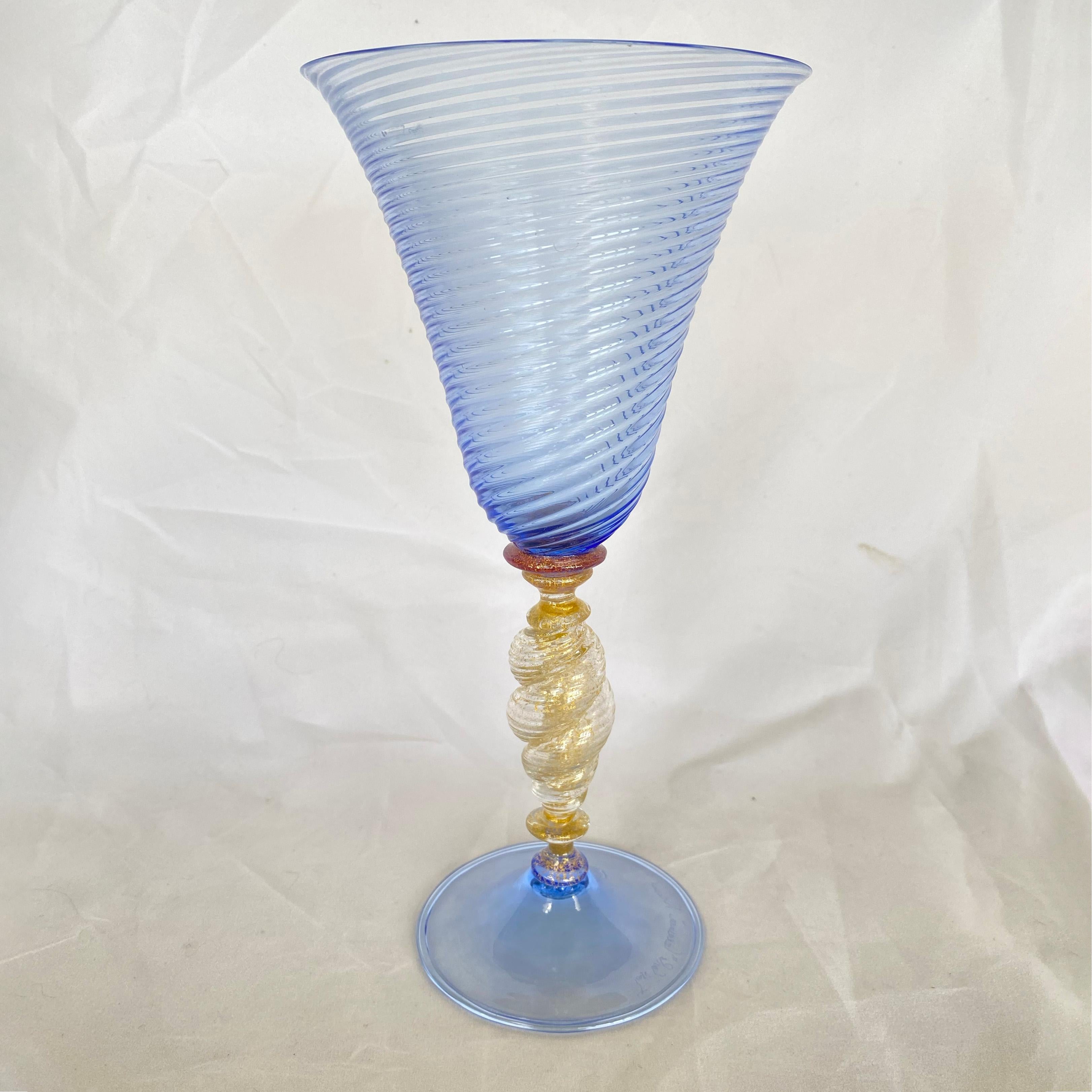 Blue swirls and gold dust.
From Italy. Handmade and signed by Murano master glassmaker.
We have 15 of these gorgeous, highly-collectible art objects. All different, all one-of-a-kind. 
We will be listing all 15. Most have different signatures