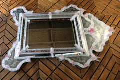 Vintage Venetian Murano Mirror With Etched Glass and Pink Floral Details, Italy