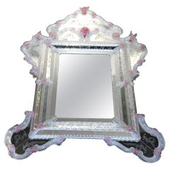 Vintage Venetian Murano Mirror With Etched Glass and Pink Floral Details, Italy