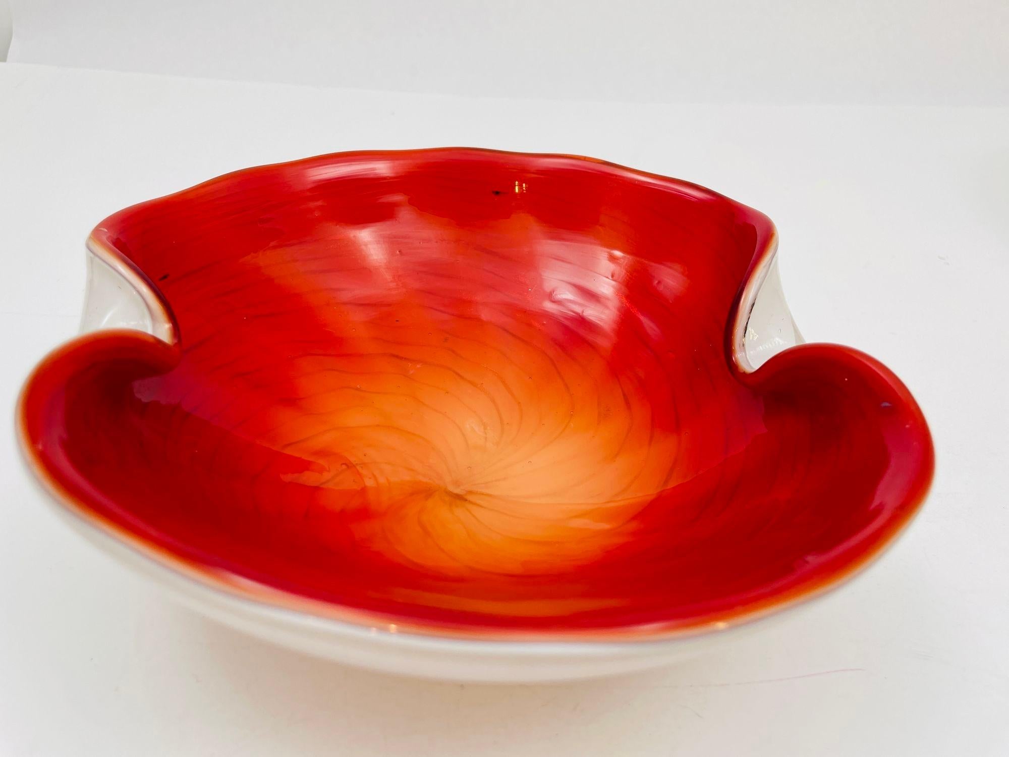 Hand-Crafted Vintage Venetian Murano Seguso Art Glass Cased Red and White Ashtray Italy 1960 For Sale