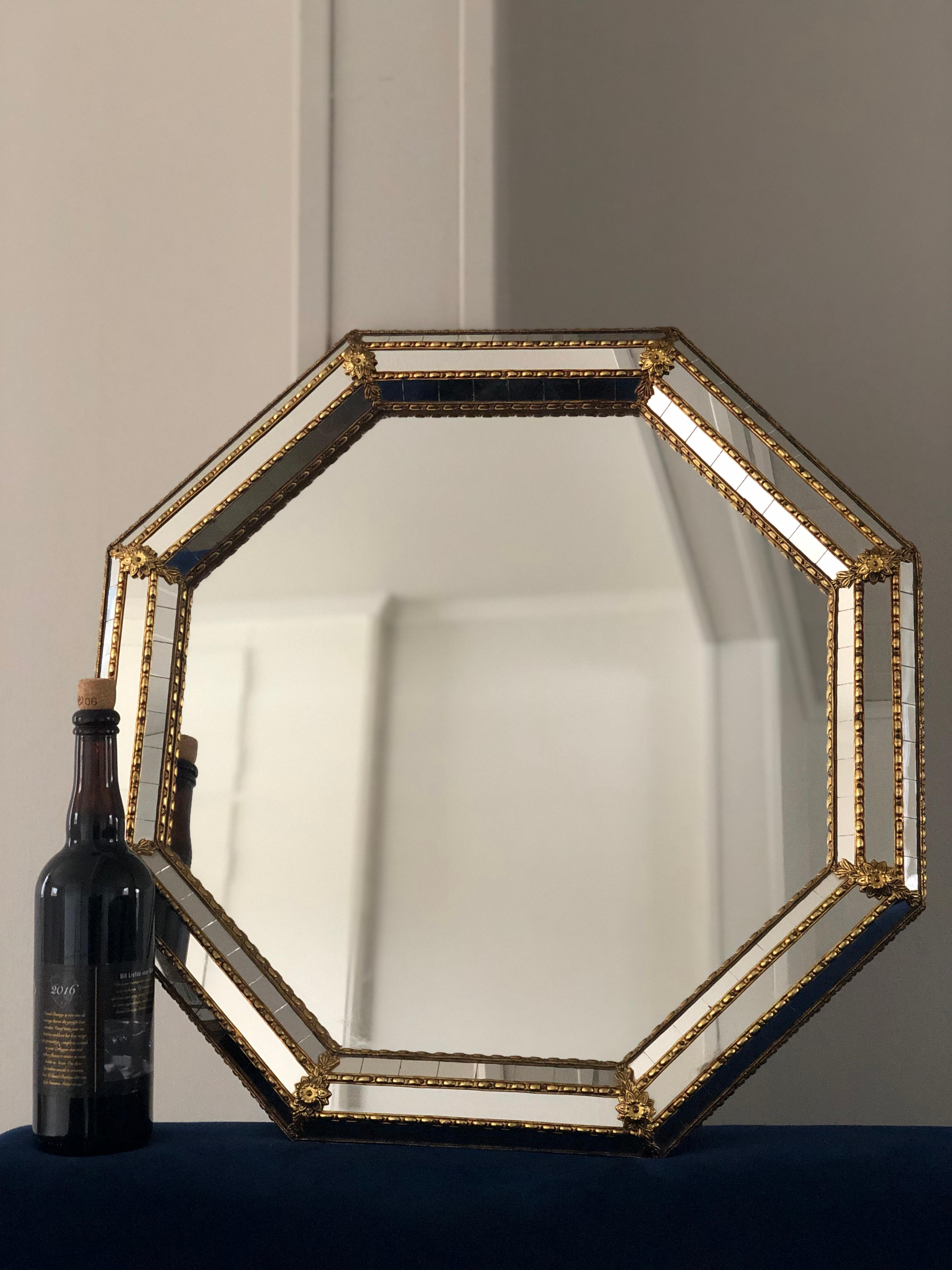 Spanish Vintage Venetian Octagonal Mirror Hollywood Regency in Gold Spain 1990s For Sale
