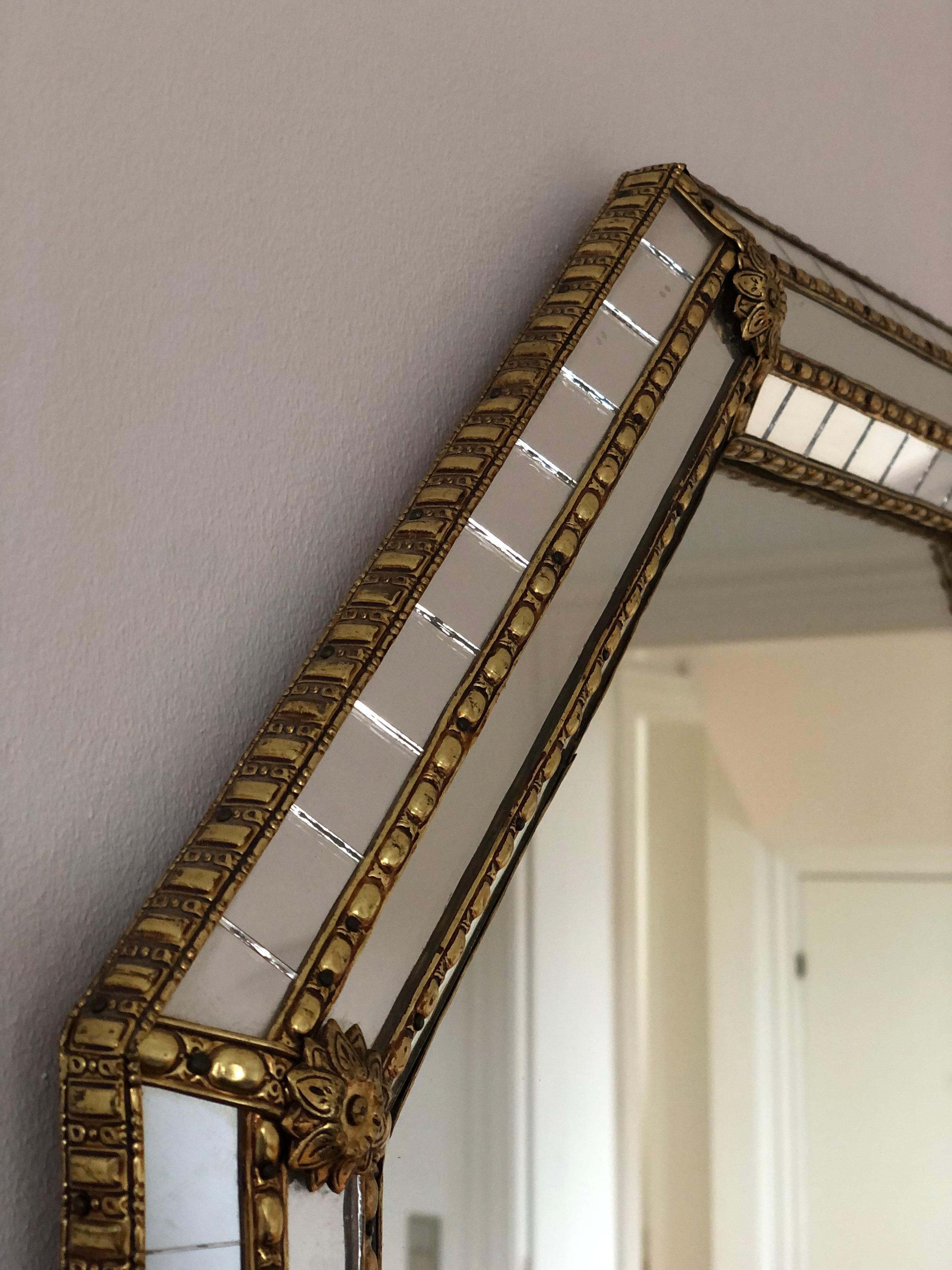 Brass Vintage Venetian Octagon Mirror Hollywood Regency in Gold Spain 1990s