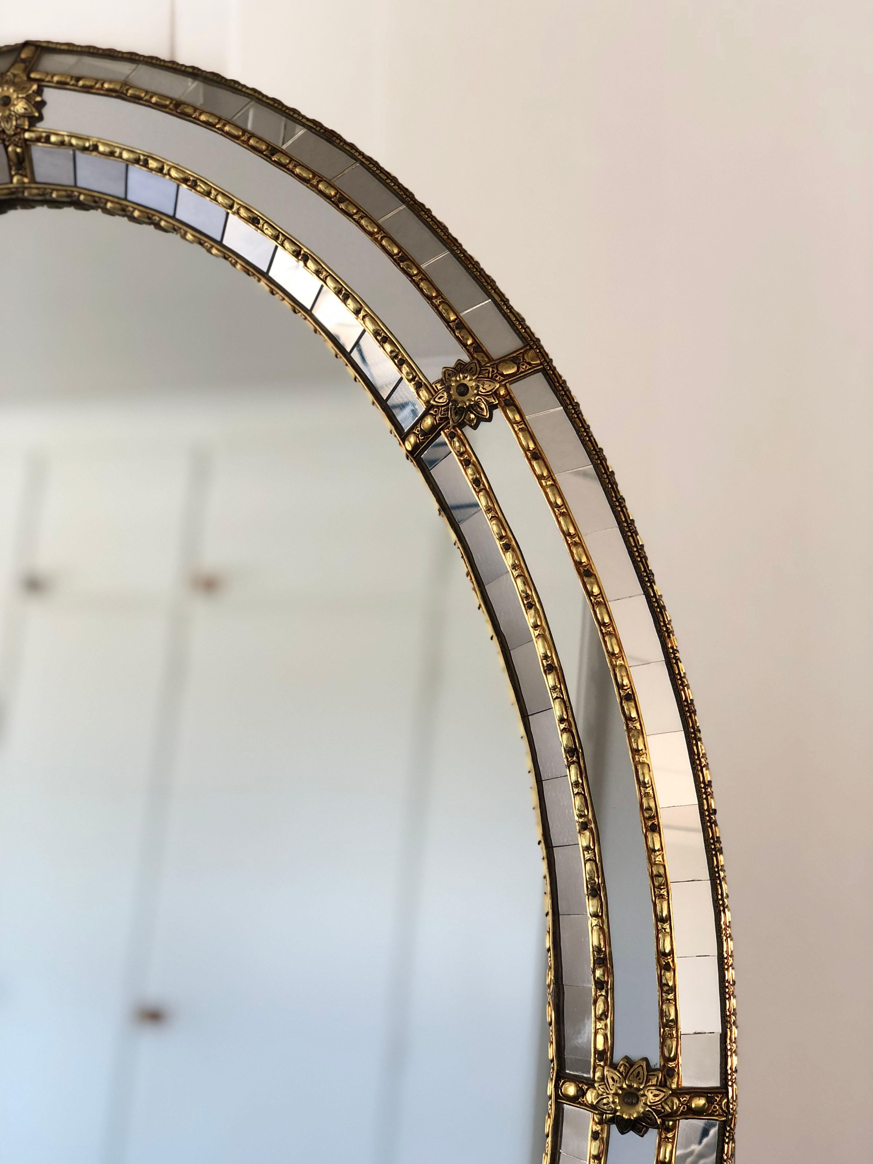 Brass Vintage Venetian Oval Mirror Hollywood Regency in Gold Spain 1990s