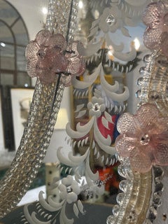 Vintage Venetian Oval Murano Pink Mirror with Glass Leaves and Rosettes
