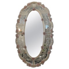 Vintage Venetian Oval Murano Pink Mirror with Glass Leaves and Rosettes