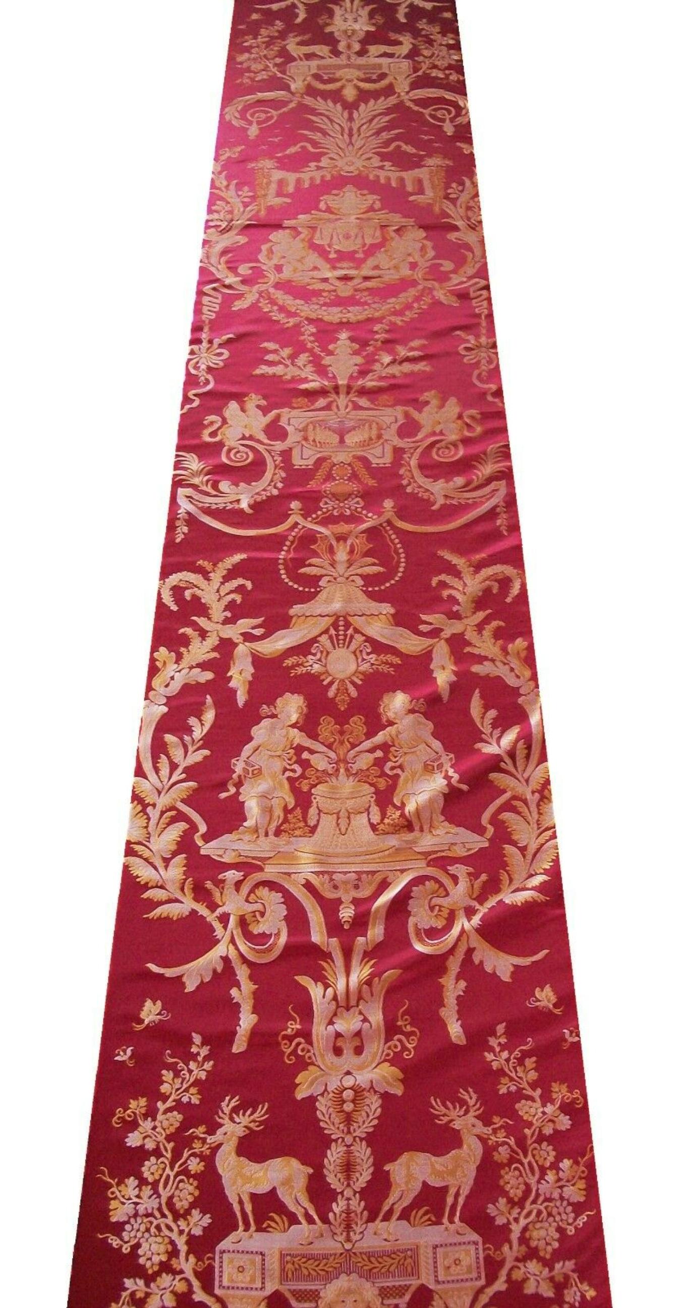 Rare and grand Venetian Renaissance style silk brocade panels (two panels per length - total of three sets available as one continuous length or sold separately) - opulent woven pattern featuring columns of animals and figures neatly stacked on