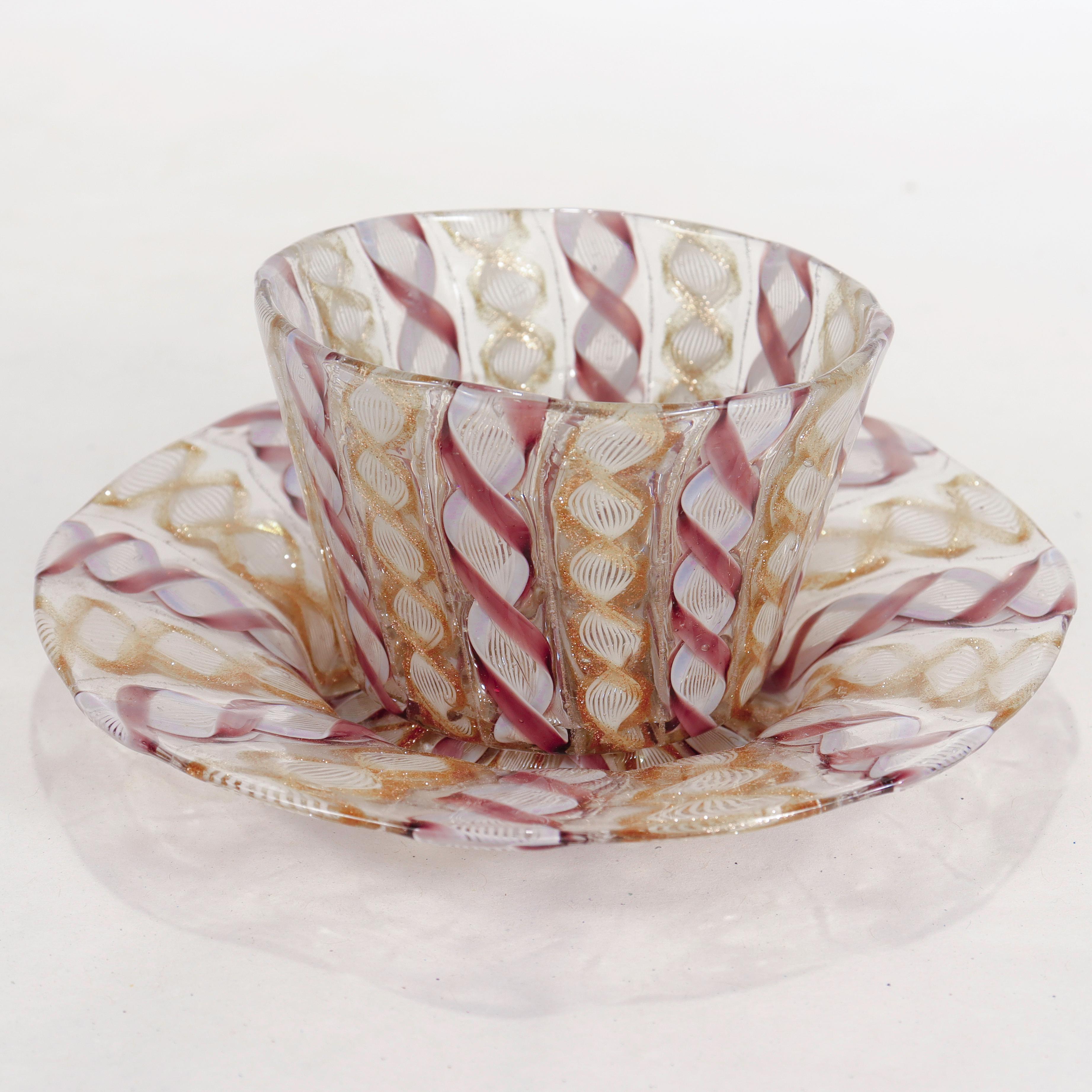 Vintage Venetian/Salviati Murano Glass Latticino Zanfirico Finger Bowl & Saucer For Sale 5