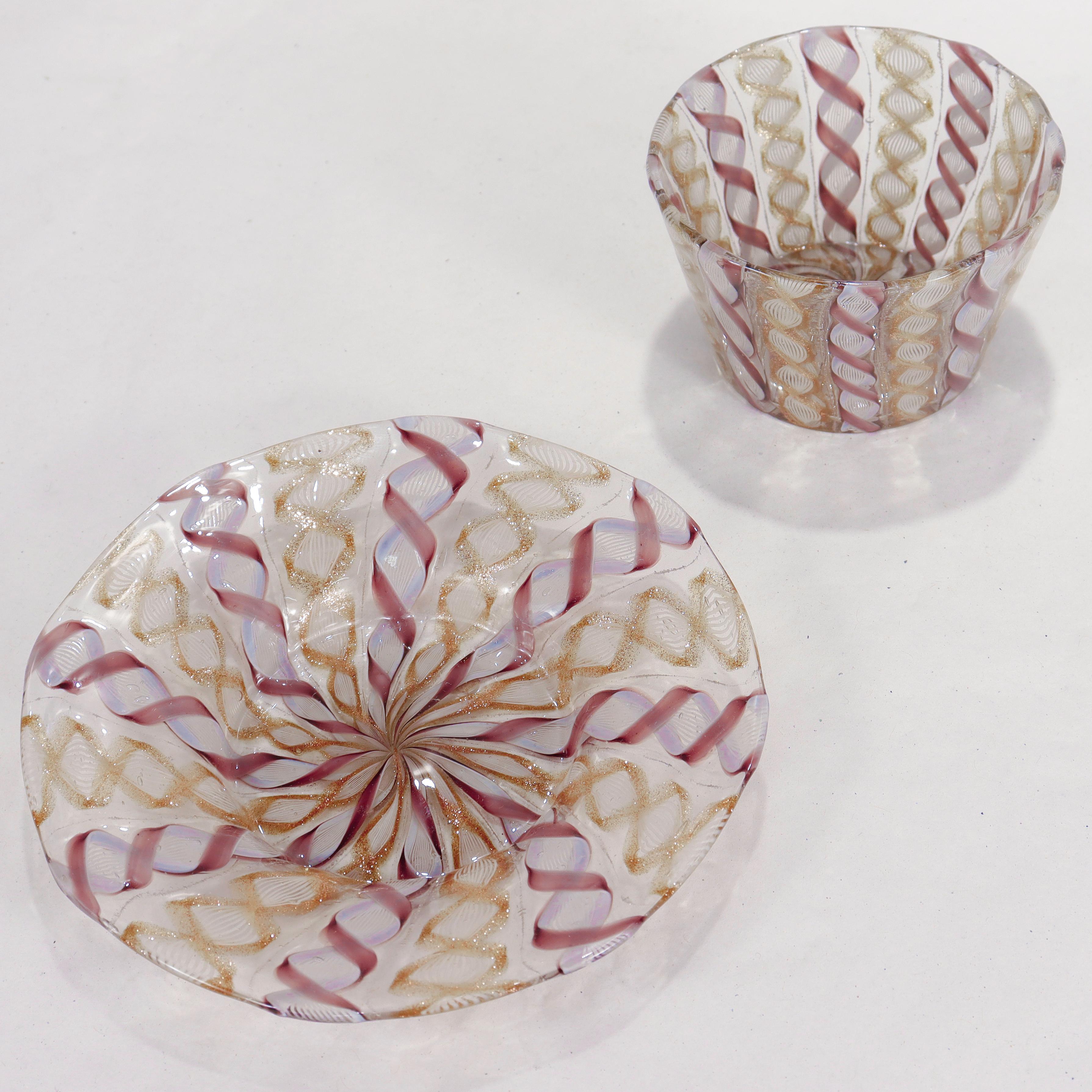 Vintage Venetian/Salviati Murano Glass Latticino Zanfirico Finger Bowl & Saucer 6