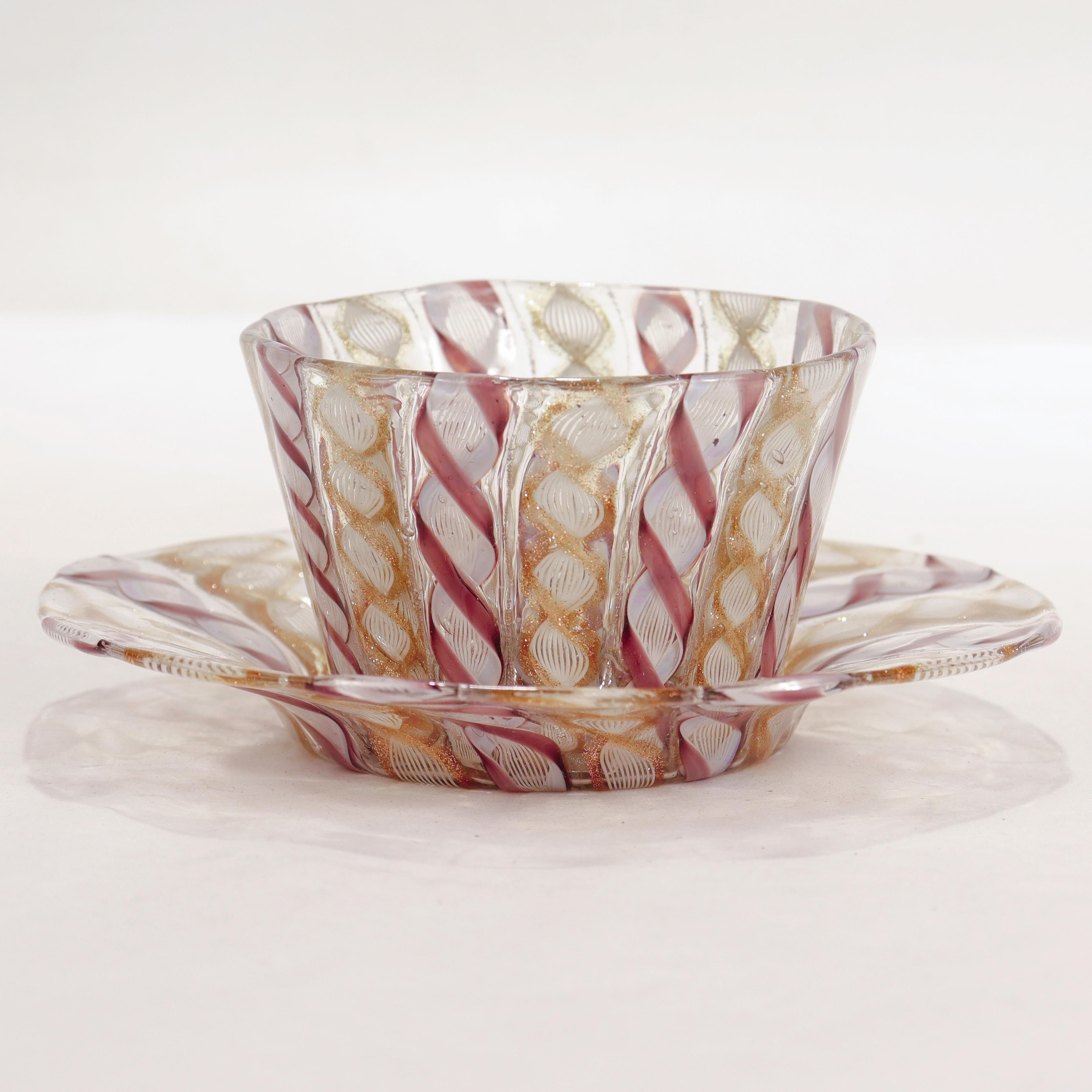 Vintage Venetian/Salviati Murano Glass Latticino Zanfirico Finger Bowl & Saucer For Sale 2