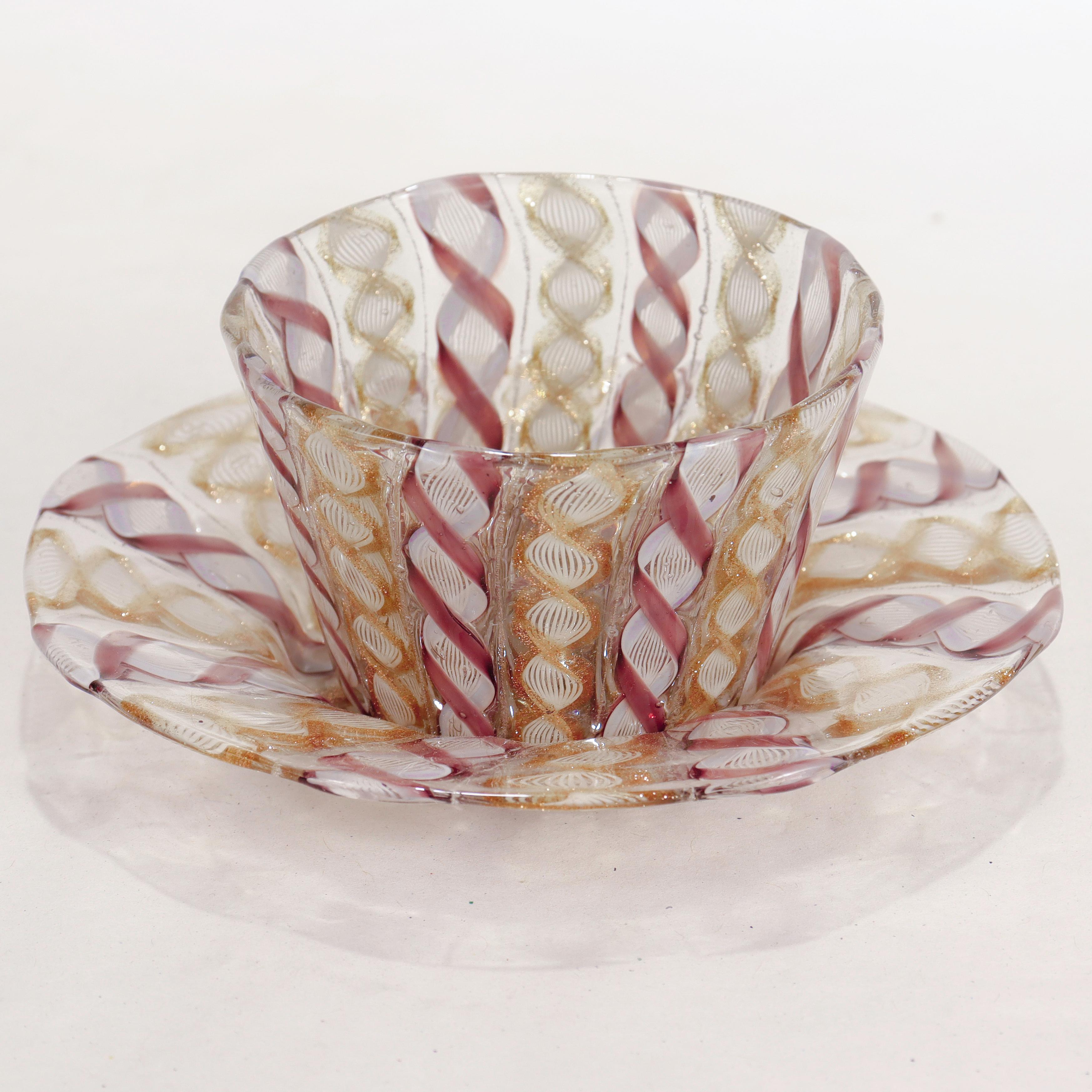 Vintage Venetian/Salviati Murano Glass Latticino Zanfirico Finger Bowl & Saucer For Sale 3