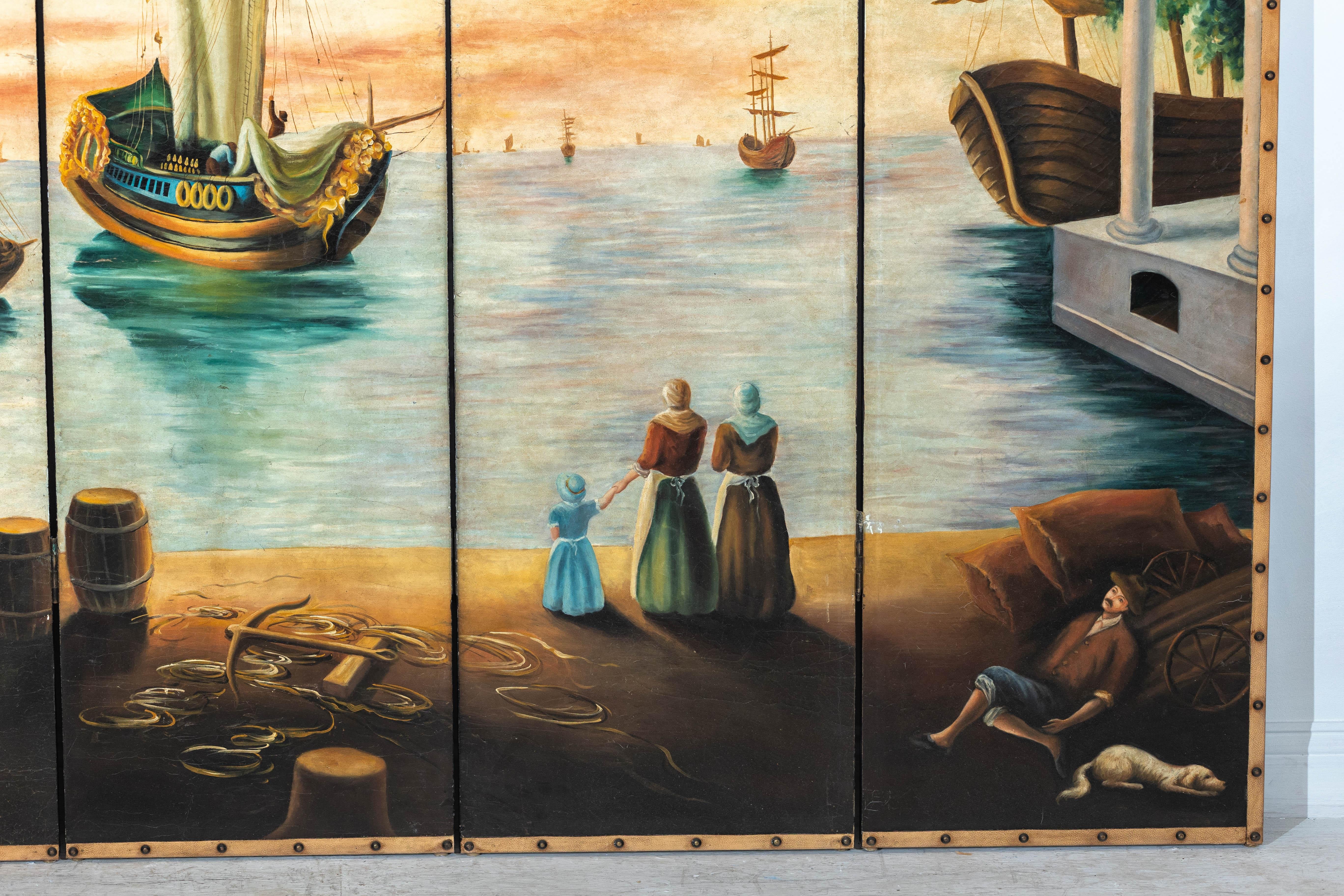 Vintage Venetian Scene Four-Panel Folding Screen with Nautical Motifs For Sale 3