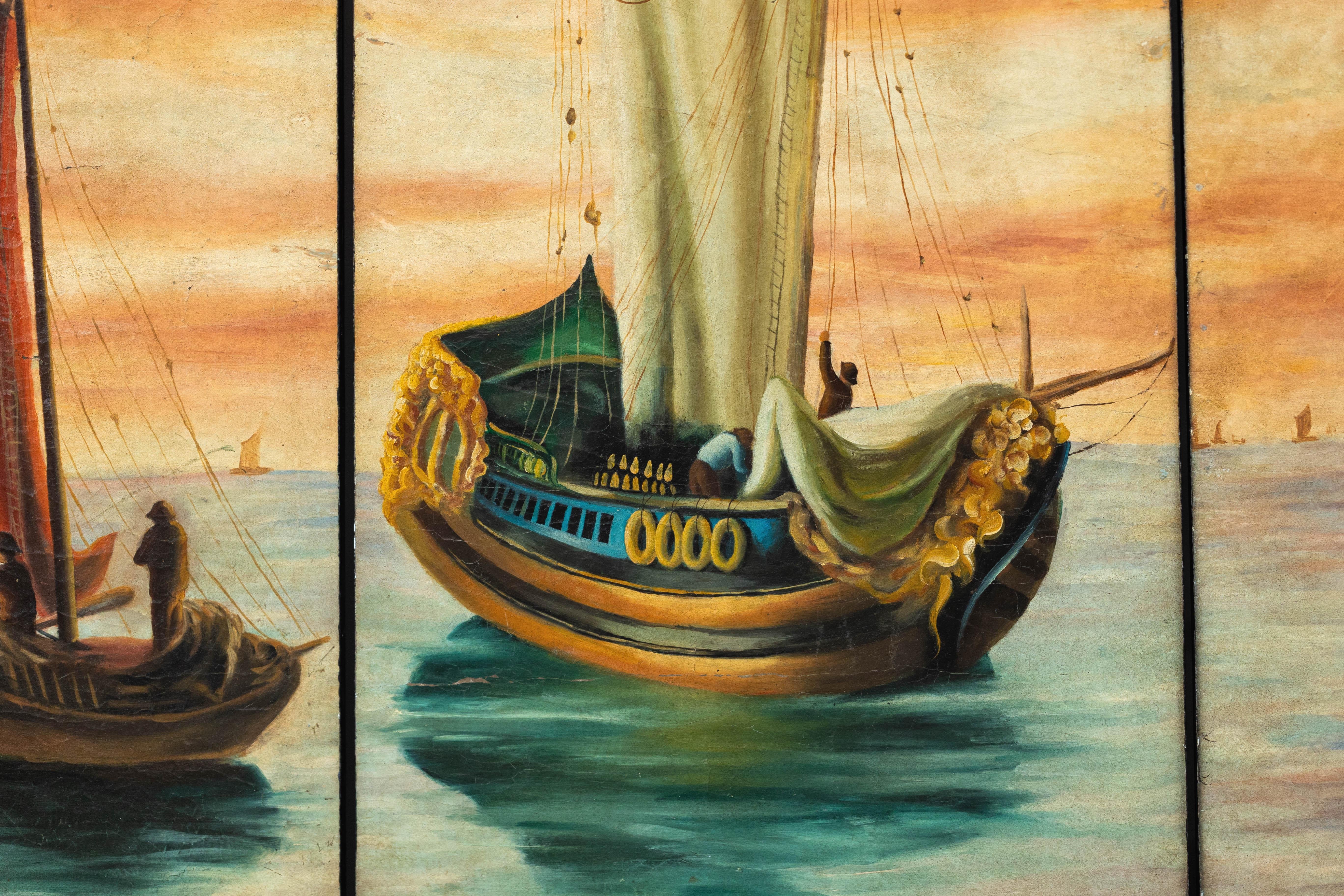 Vintage Venetian Scene Four-Panel Folding Screen with Nautical Motifs For Sale 4