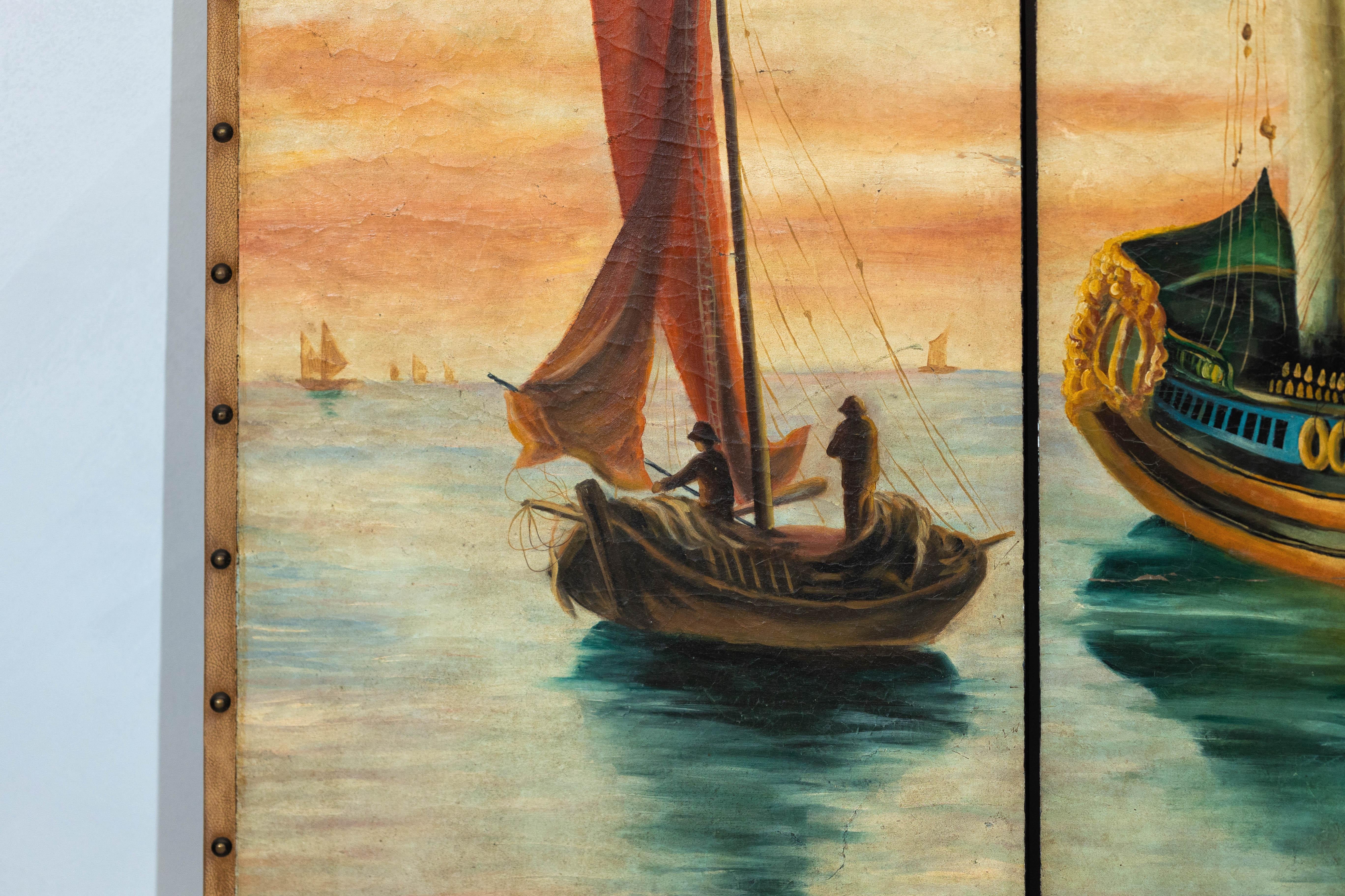 Vintage Venetian Scene Four-Panel Folding Screen with Nautical Motifs For Sale 5