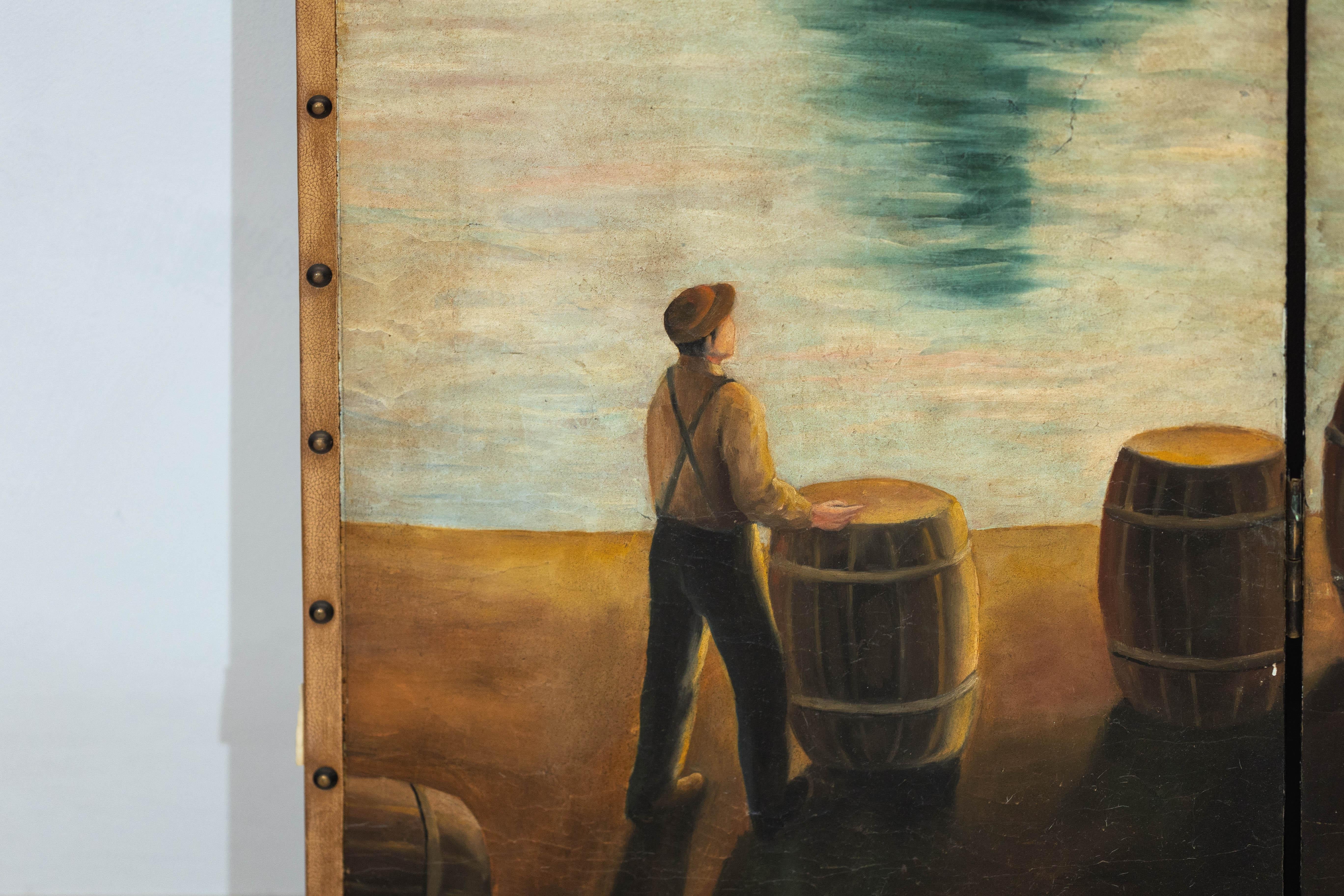 Vintage Venetian Scene Four-Panel Folding Screen with Nautical Motifs For Sale 6