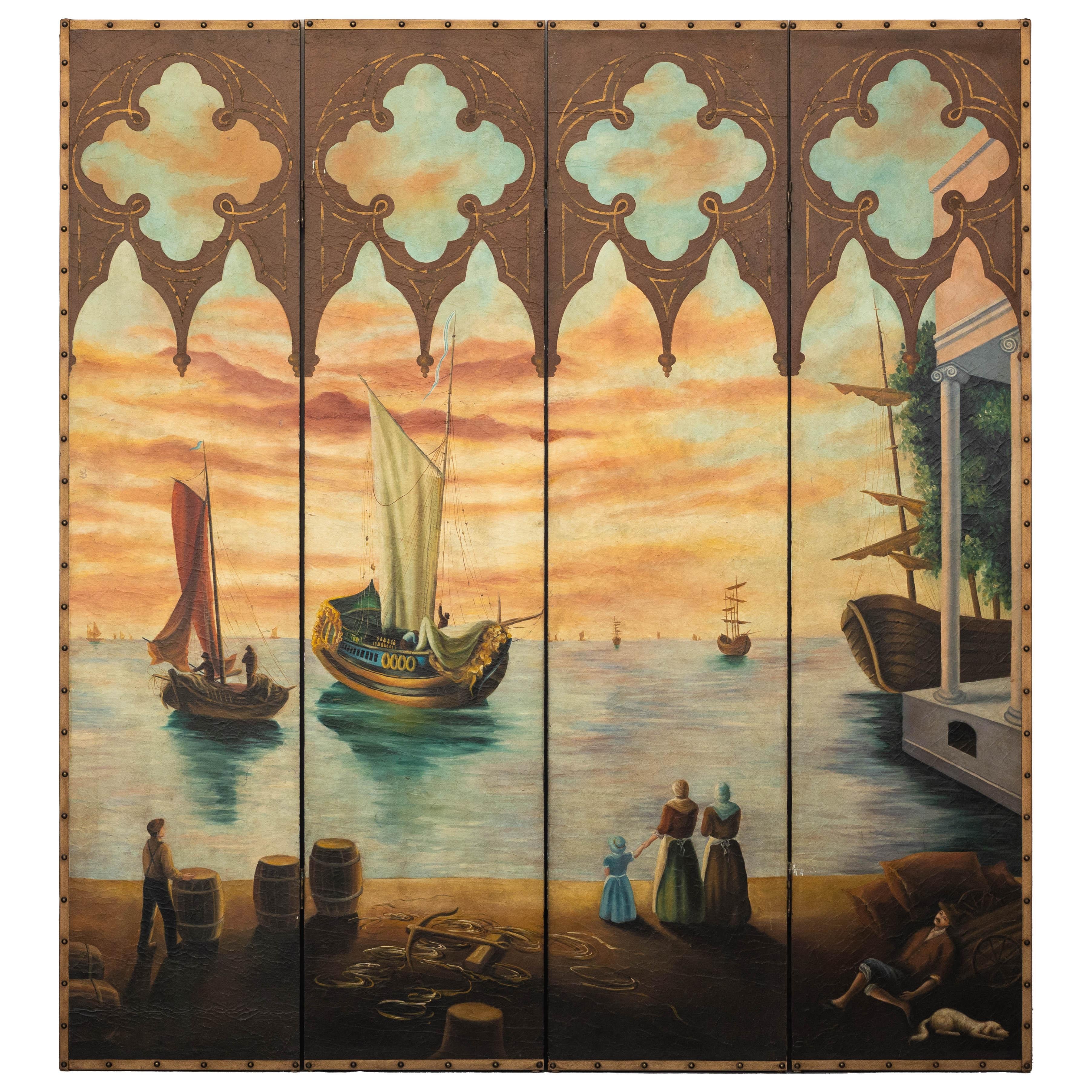 Vintage Venetian Scene Four-Panel Folding Screen with Nautical Motifs For Sale 12