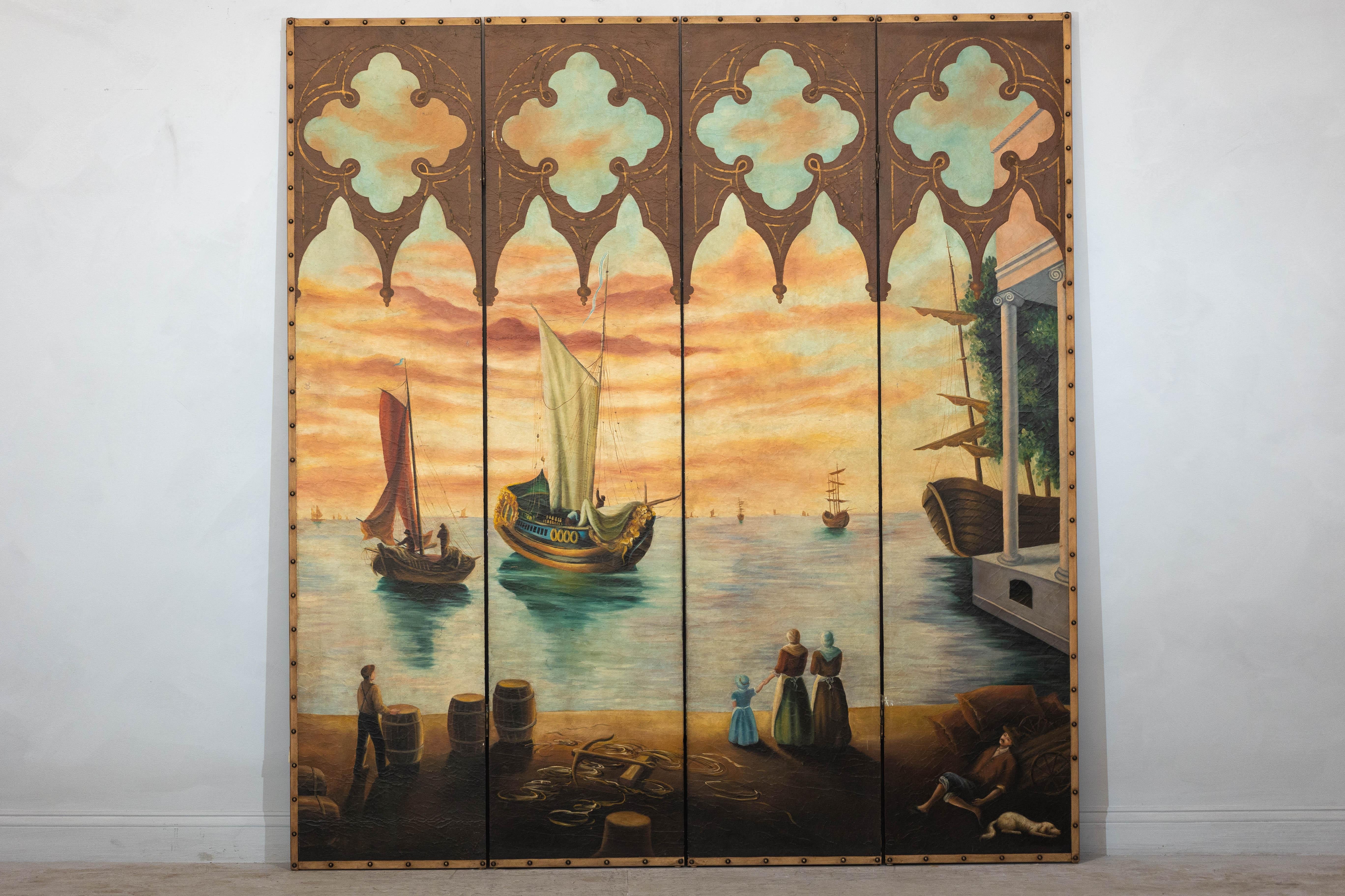 A vintage four-panel screen with 18th century Venetian inspired scene. Elevate your interior space with this stunning four-panel folding screen, a tribute to the timeless allure of Venetian artistry. Painted with meticulous attention to detail, this