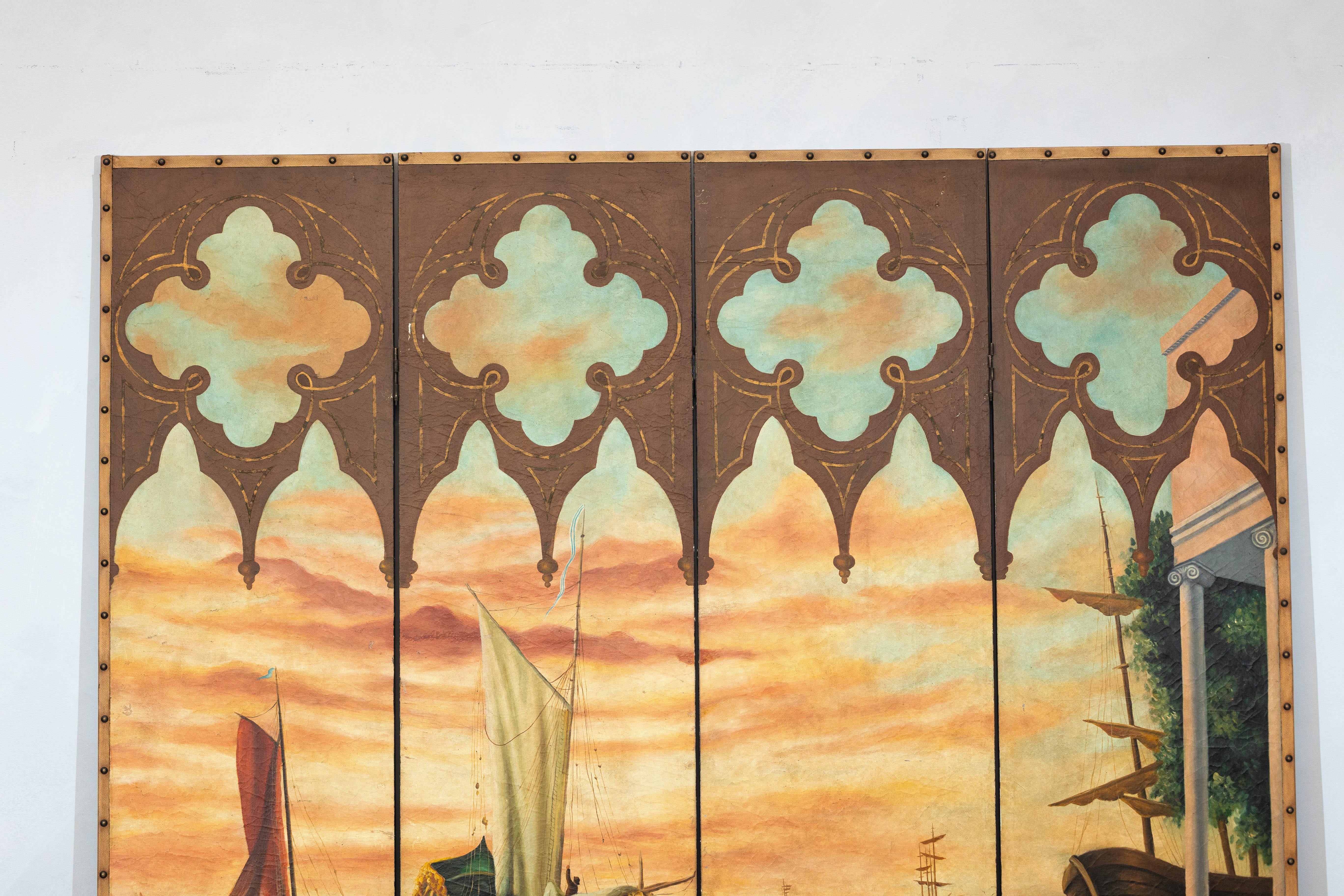 Chinese Vintage Venetian Scene Four-Panel Folding Screen with Nautical Motifs For Sale